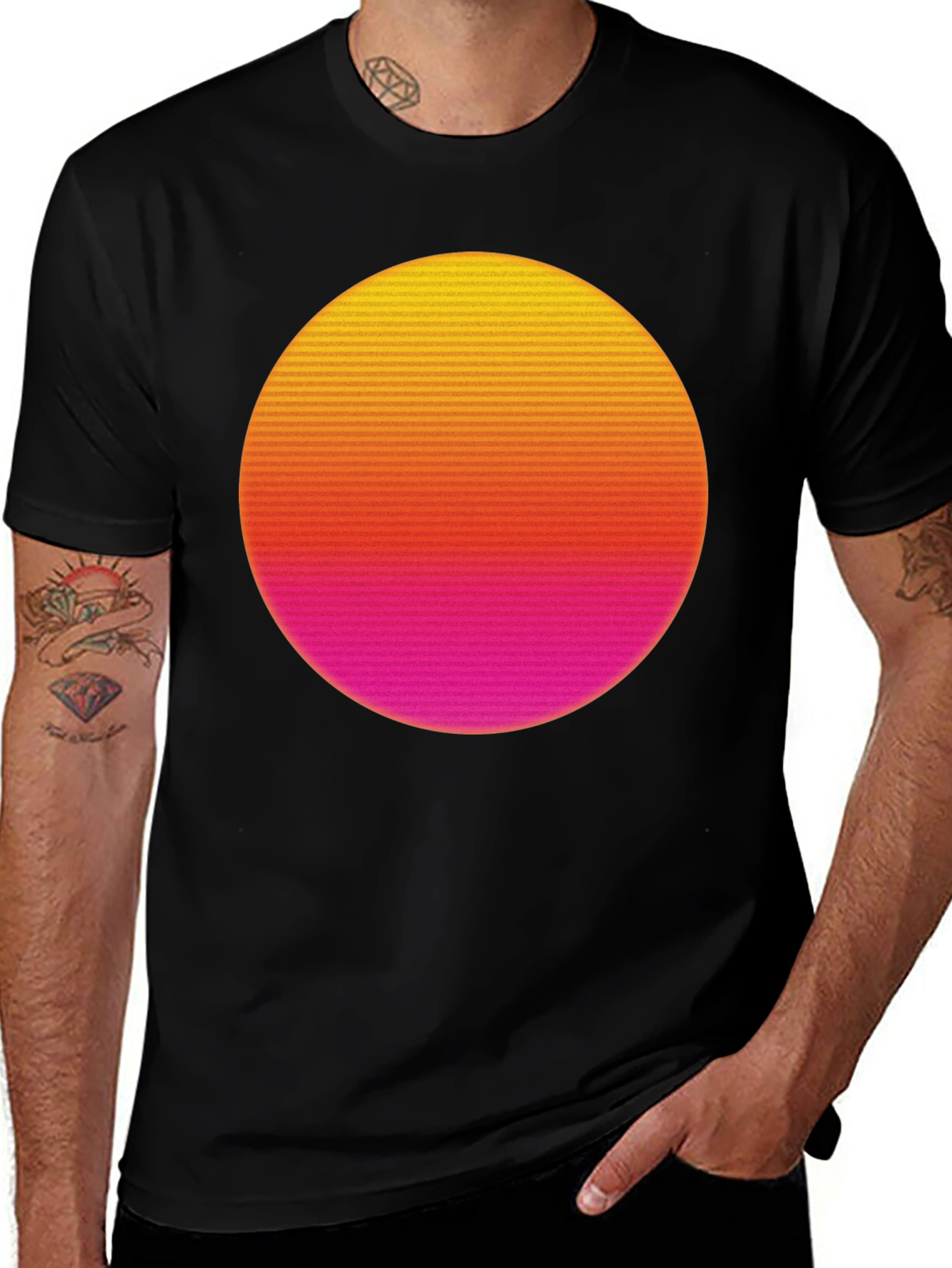 Retro Sunset Graphic Tee - Black Cotton T-Shirt