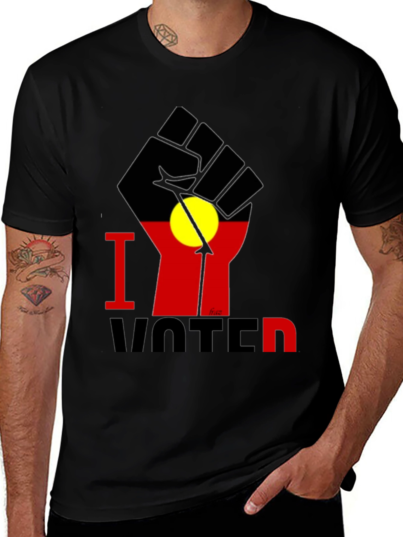 Variant 27 of I Voted T-Shirt - Aboriginal Flag Fist Design