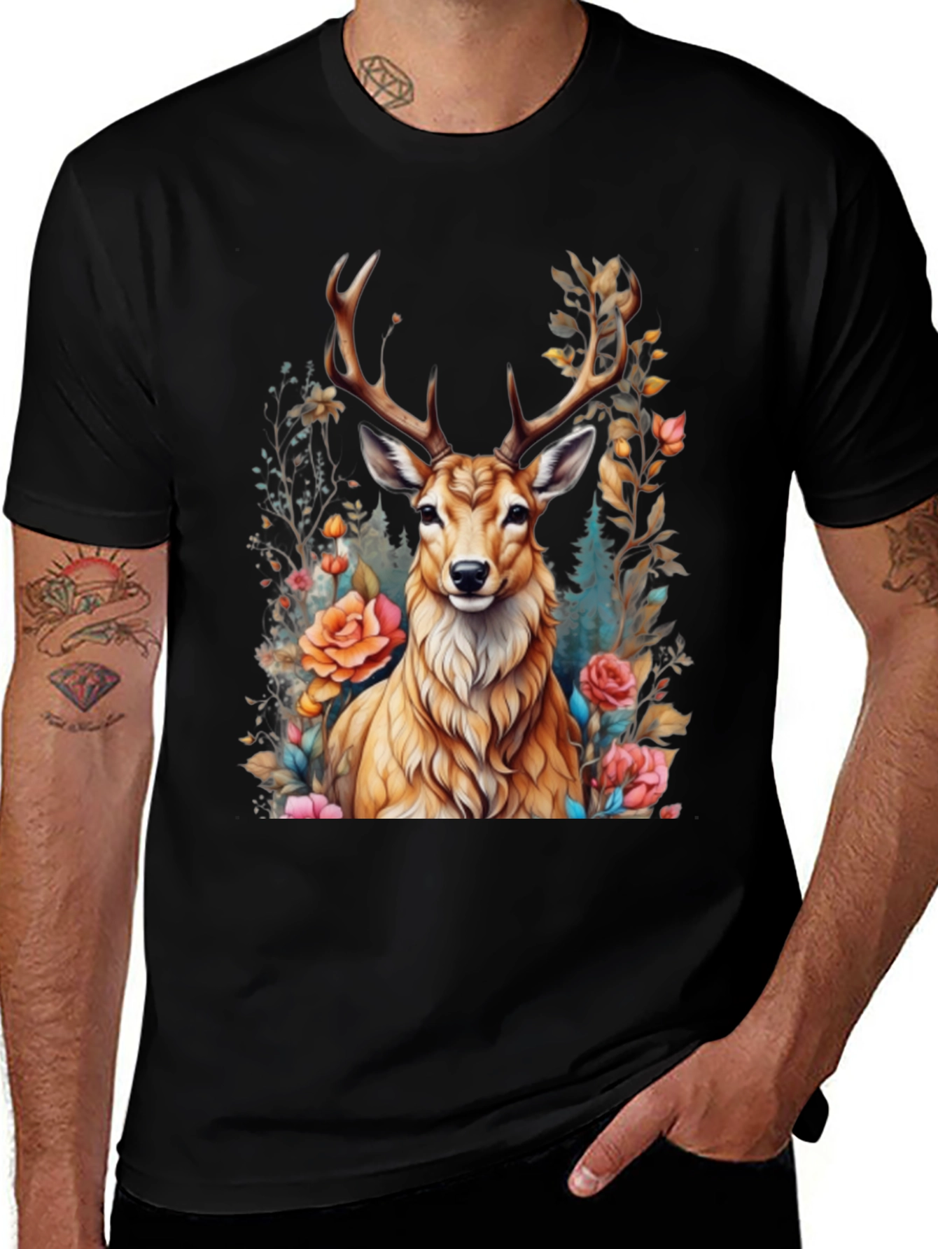 Variant 3 of Floral Deer T-Shirt - Nature Inspired Graphic Tee