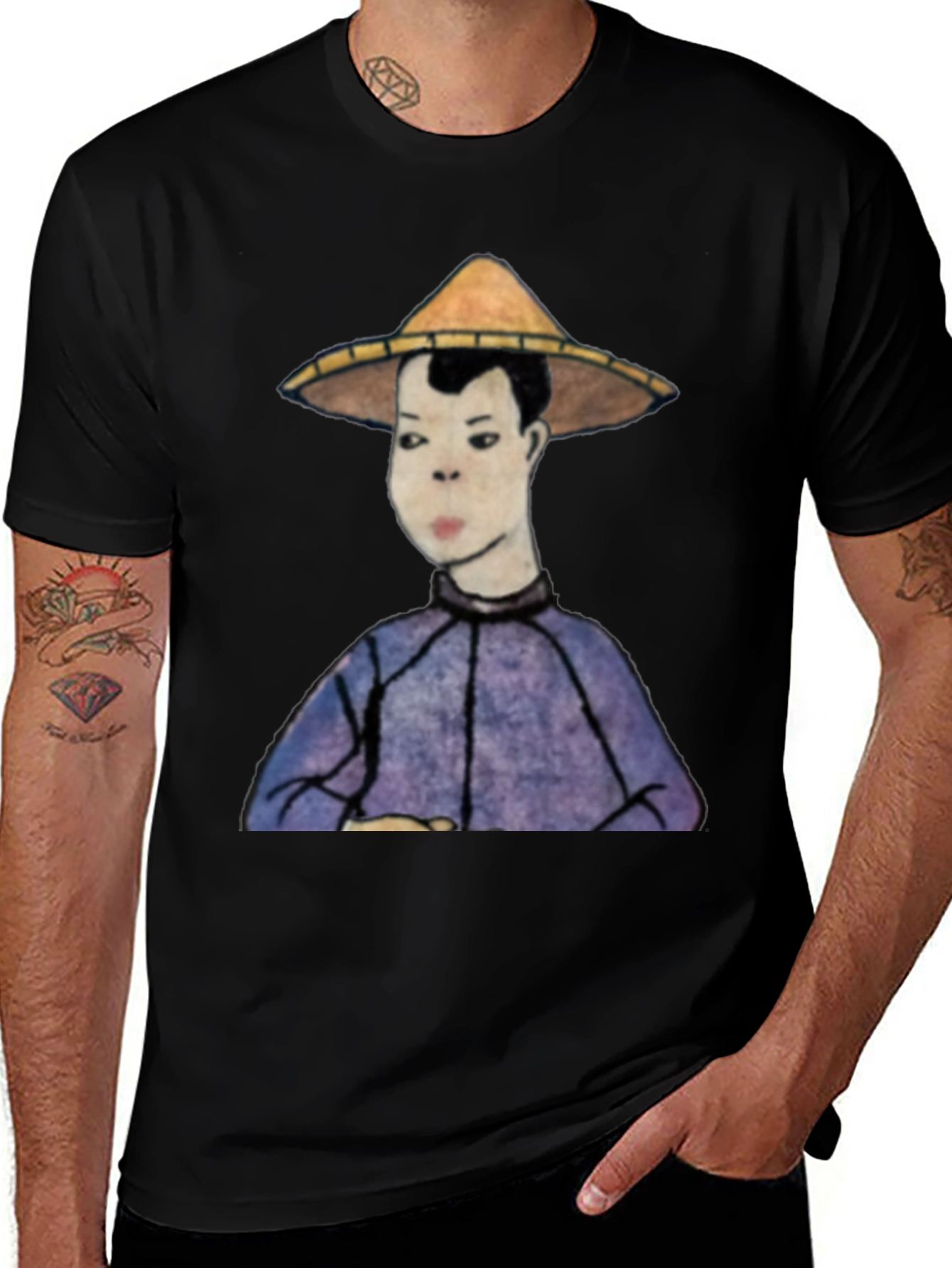 Variant 11 of Man's Black T-Shirt with Rice Hat Graphic