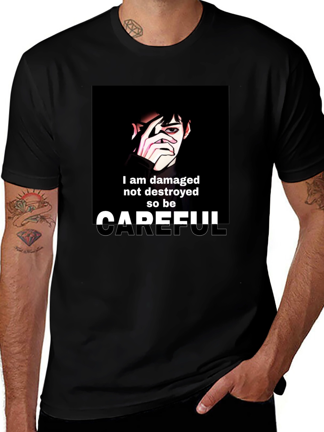 Variant 19 of Damaged But Careful Black Graphic T-Shirt