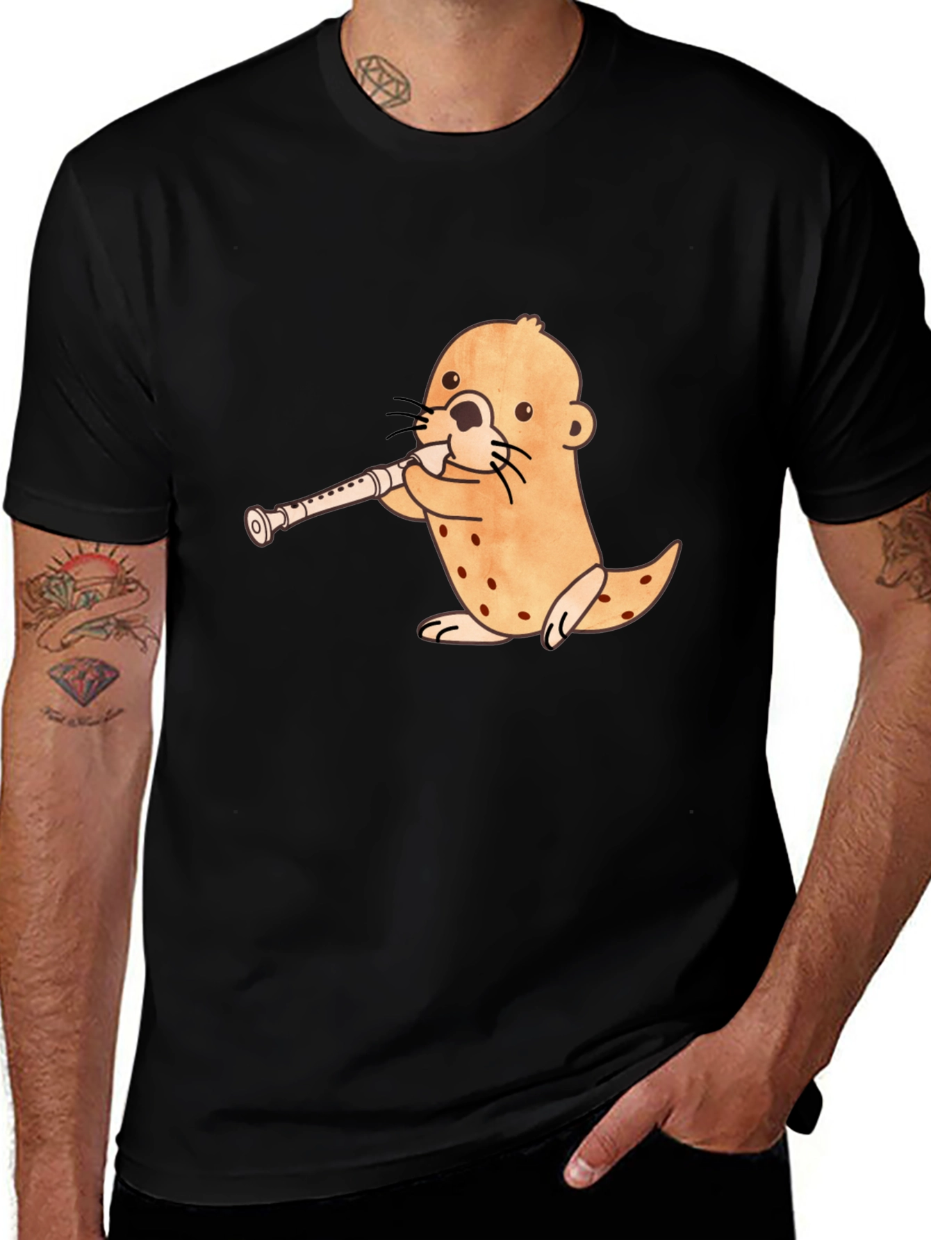 Variant 9 of Funny Otter Playing Flute Black T-Shirt