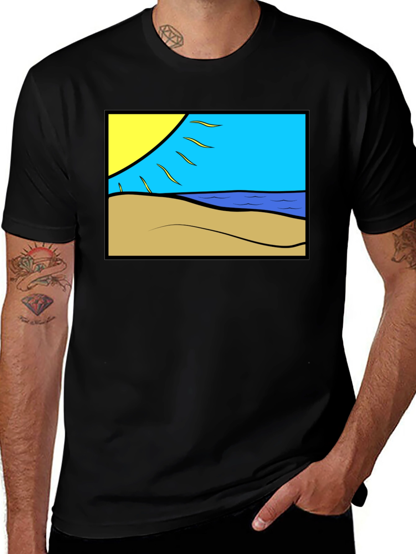 Variant 27 of Beach Scene Graphic Tee - Black Cotton T-Shirt