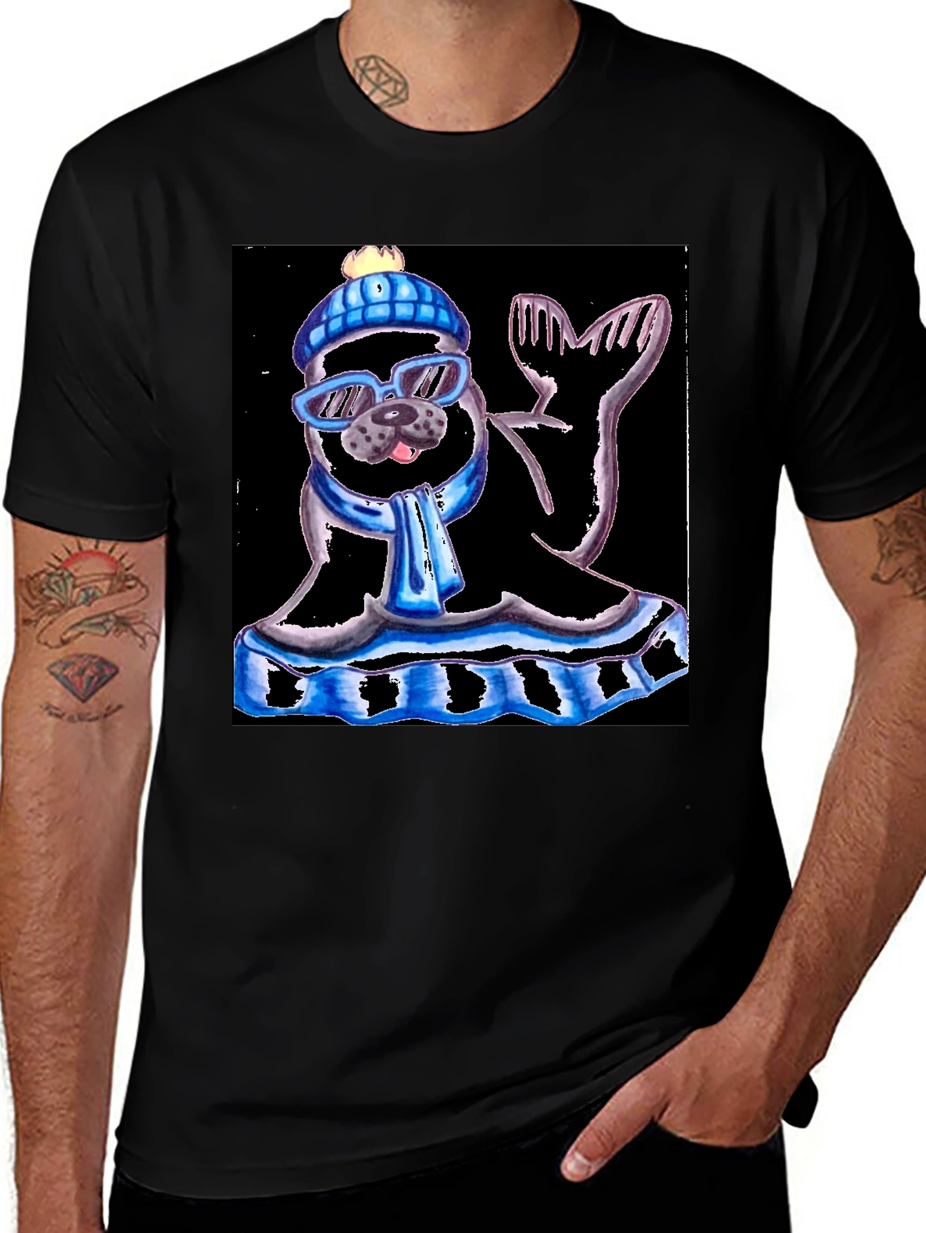 Variant 3 of Seal with Hat and Shades Black T-Shirt