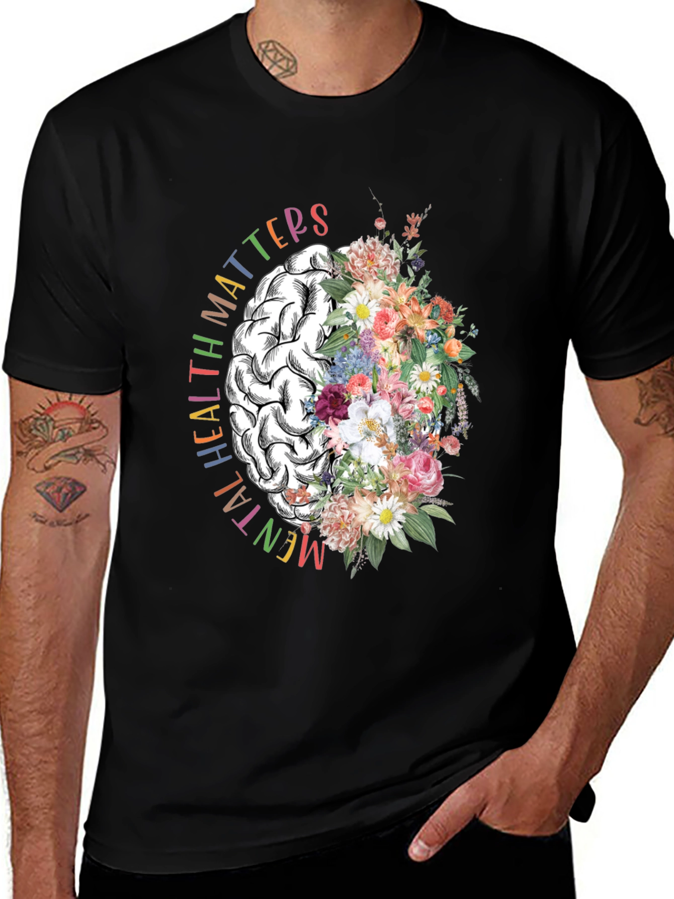 Variant 6 of Mental Health Matters Floral Brain Graphic T-Shirt