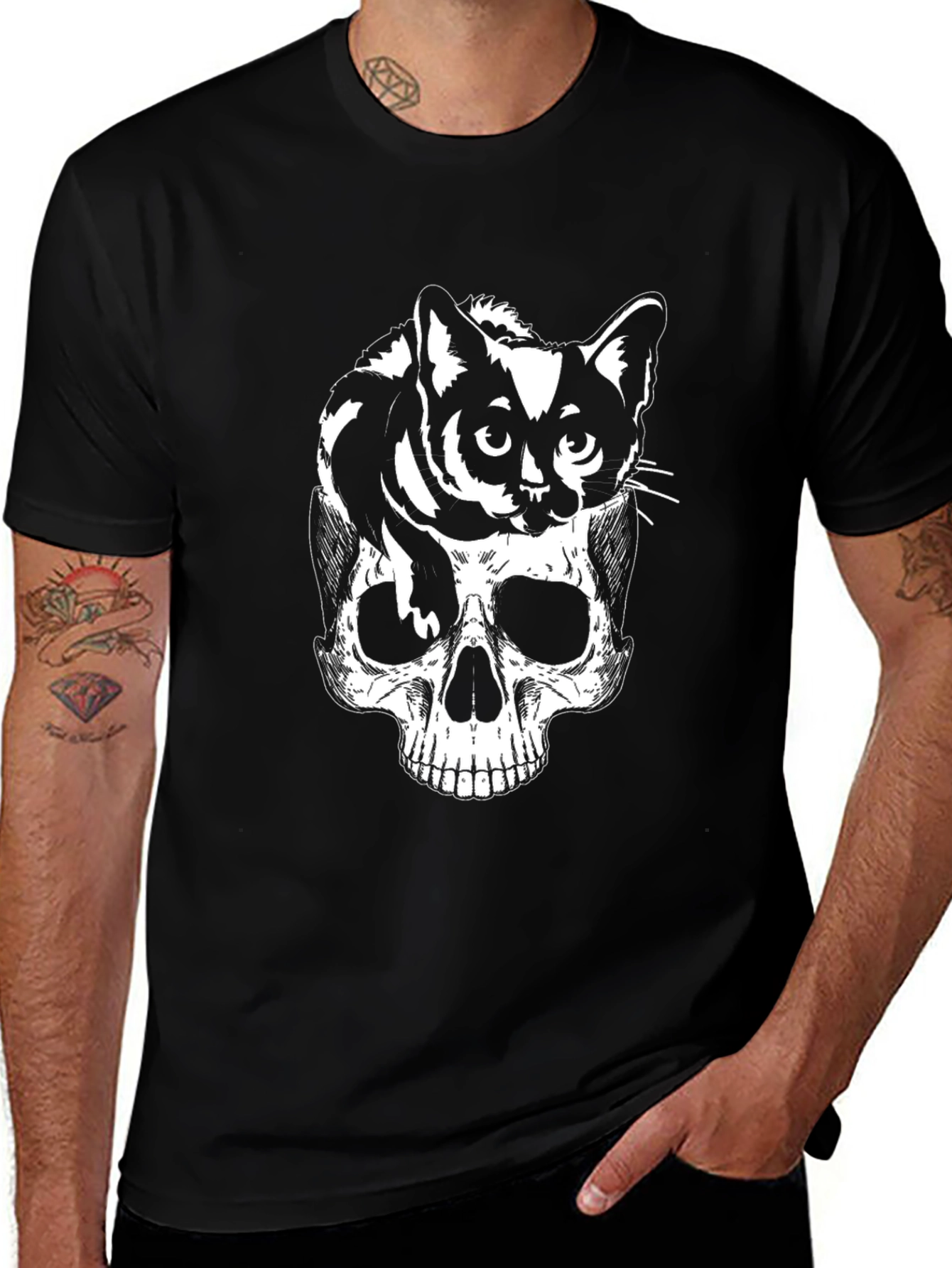 Variant 26 of Skull Cat Graphic Tee - Black Cotton T-Shirt
