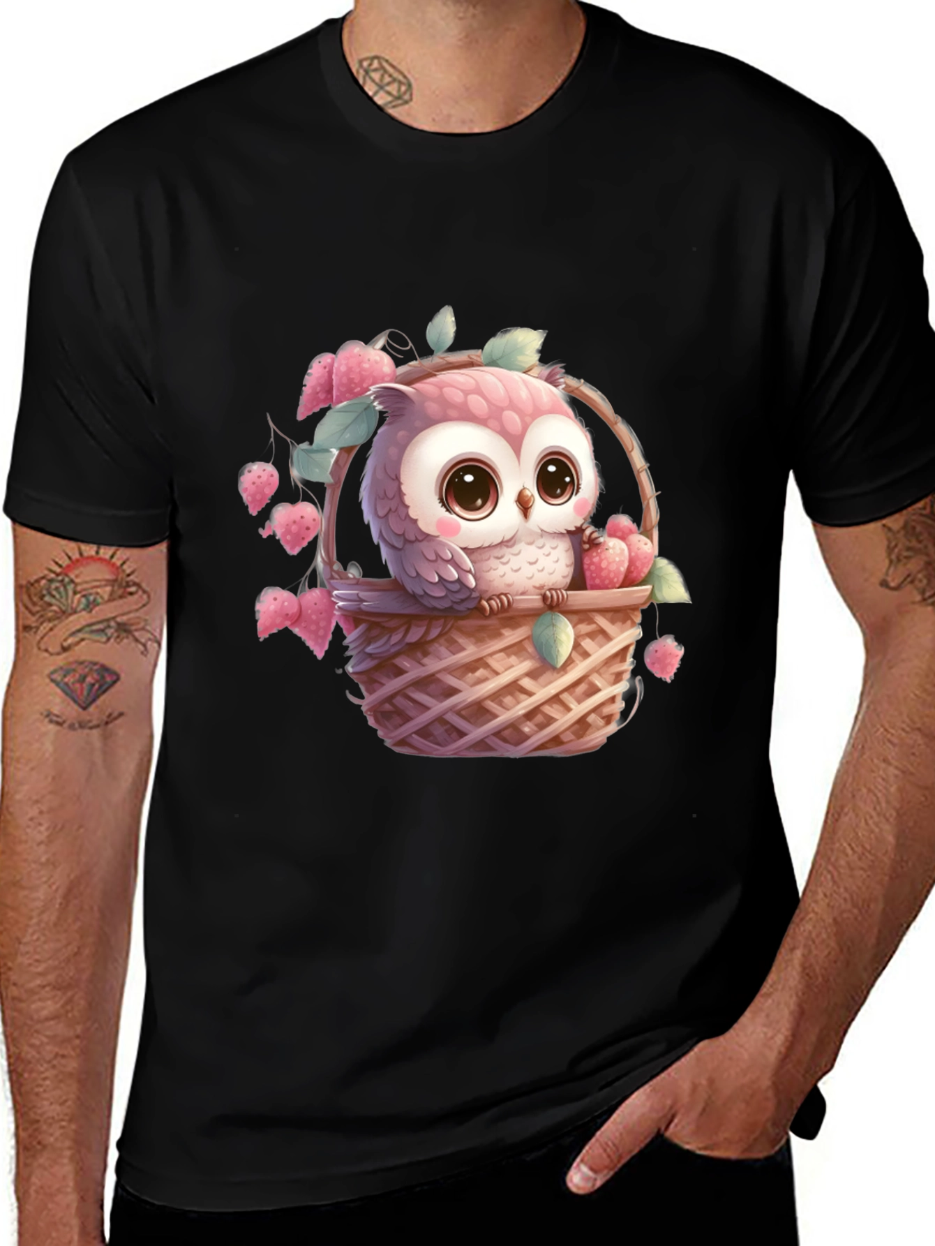 Variant 15 of Cute Owl in Basket Graphic Tee - Sweet Heart Design