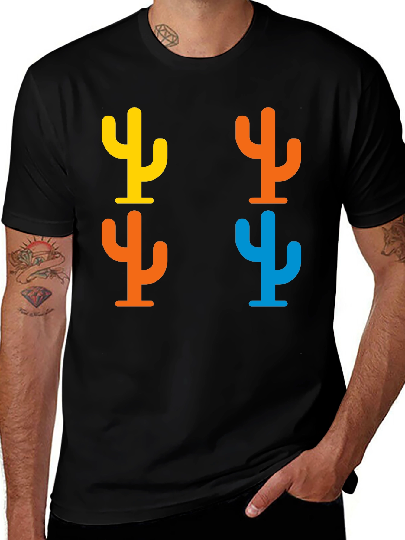 Variant 4 of Colorful Cactus Print Black T-Shirt