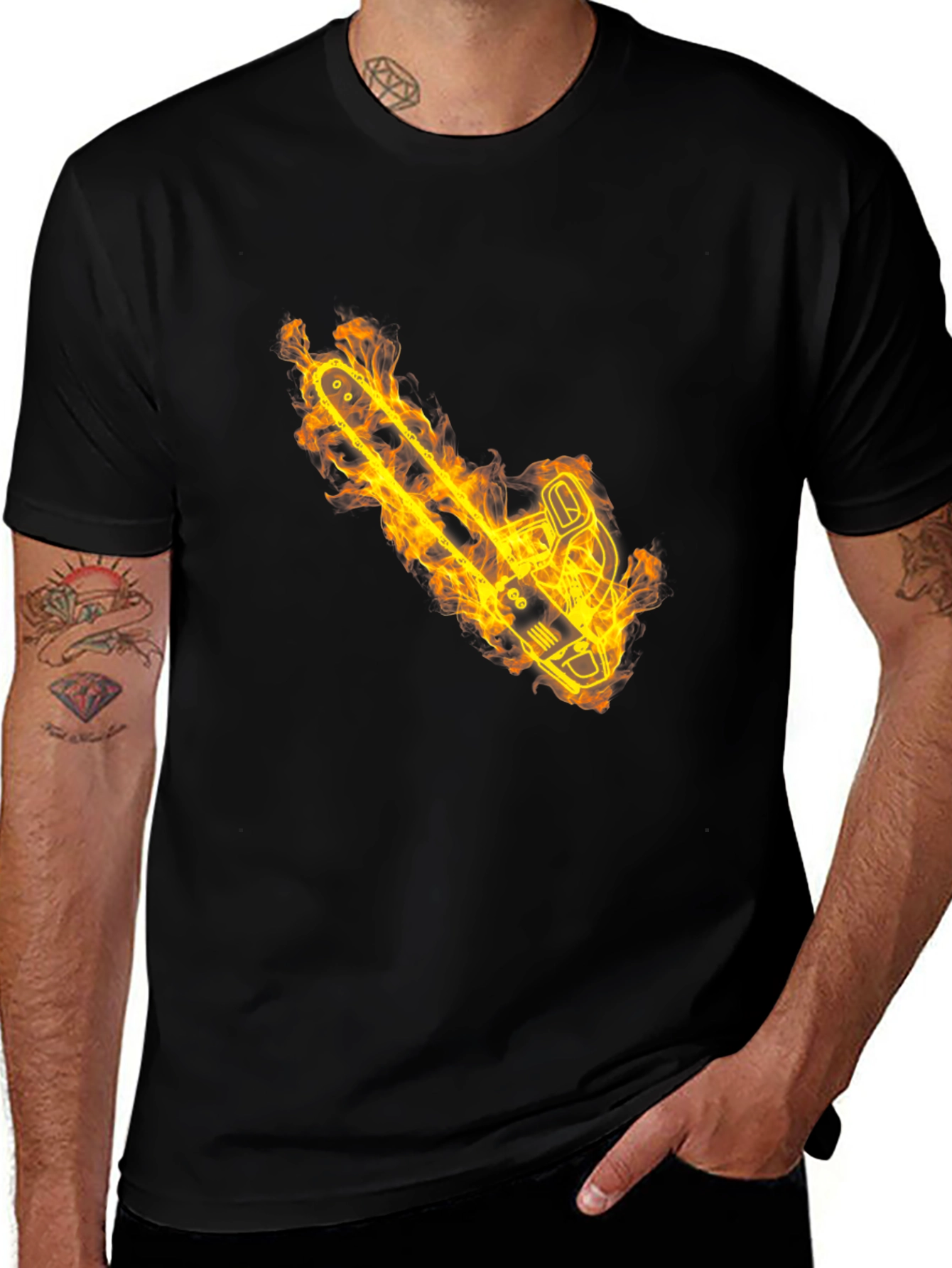 Variant 25 of Flaming Chainsaw Graphic Tee - Black Cotton