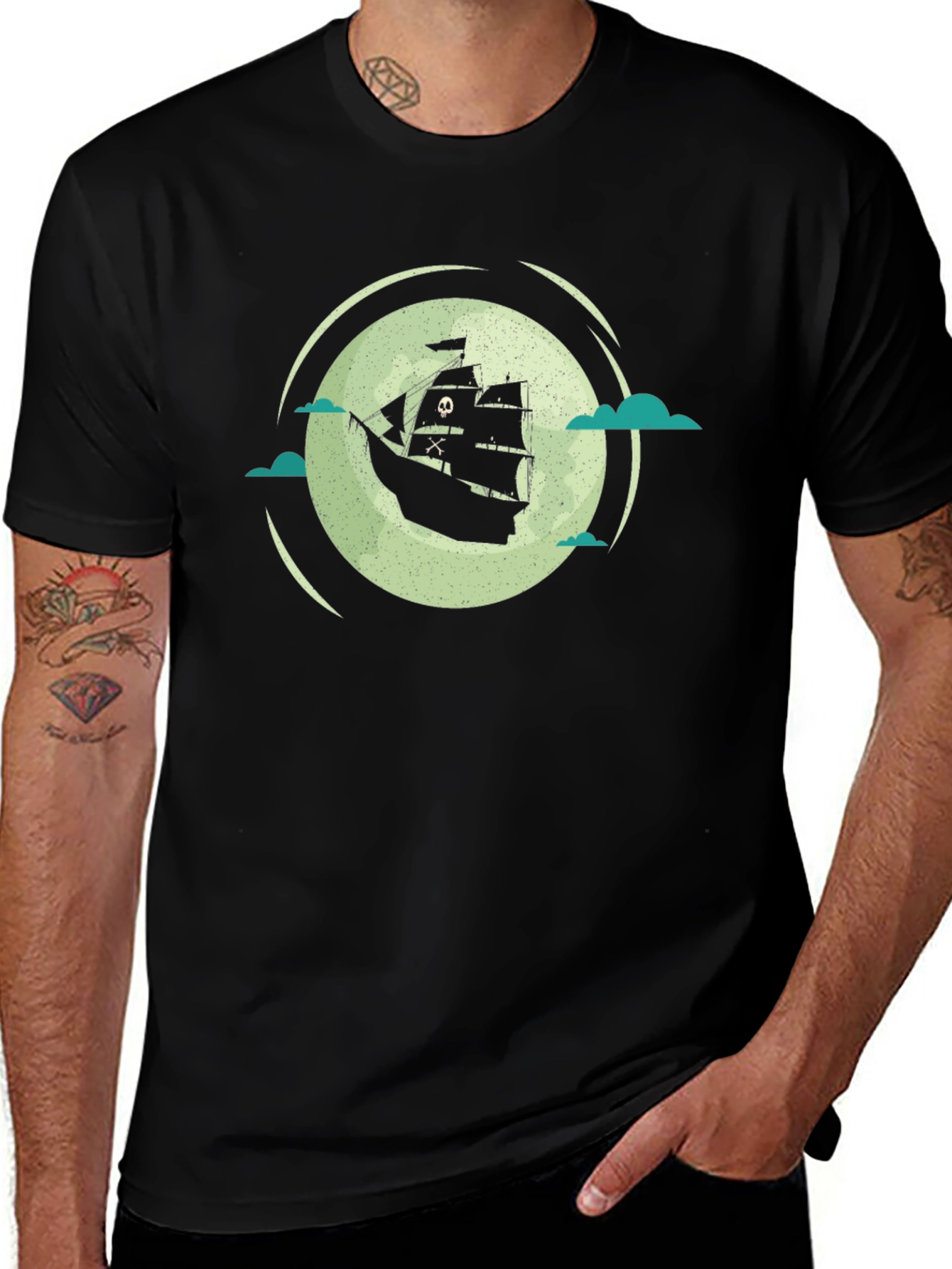 Variant 16 of Pirate Ship Moon Graphic Black T-Shirt