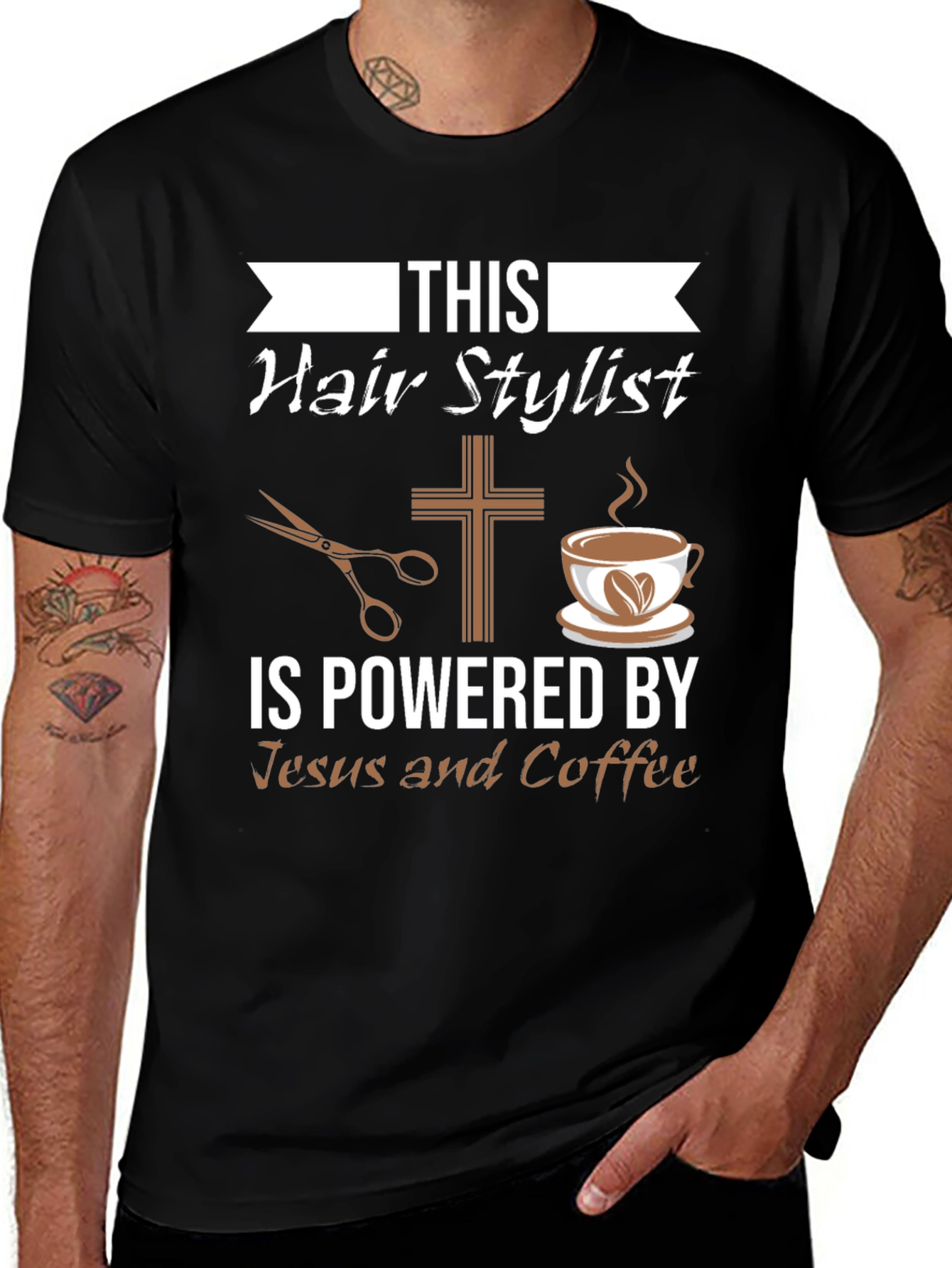 Variant 18 of Hair Stylist Powered by Jesus and Coffee T-Shirt