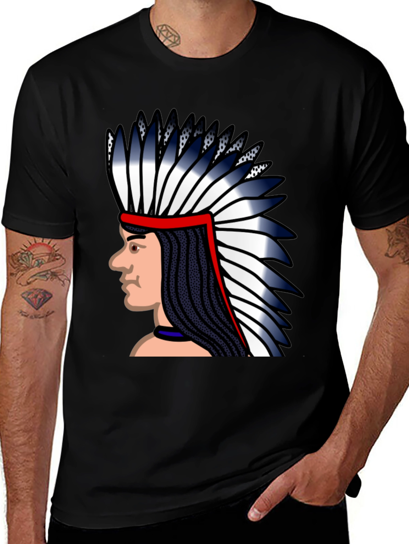 Variant 28 of Native American Chief Graphic Tee - Black Cotton Blend T-Shirt