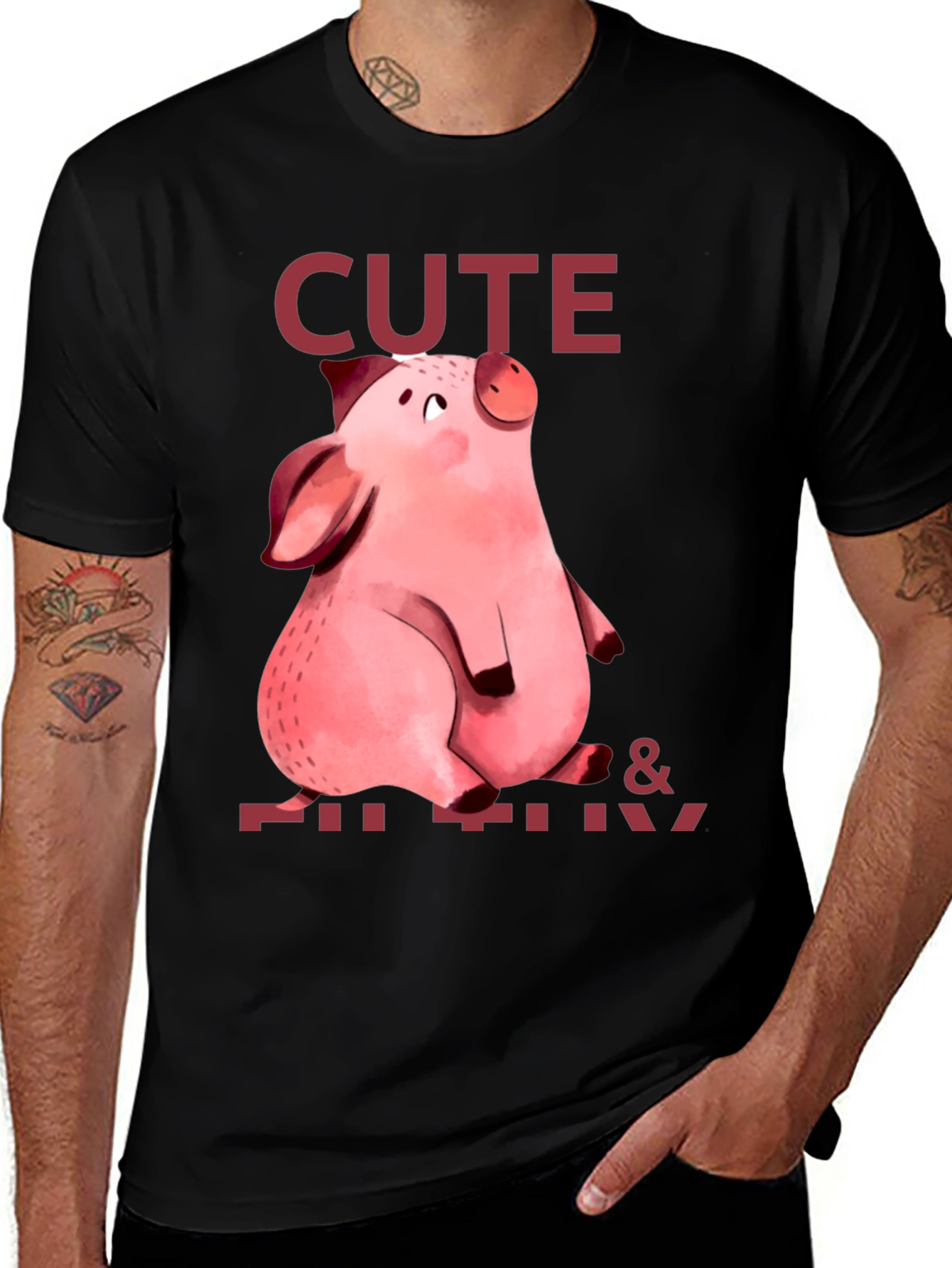 Variant 8 of Cute & Fluffy Pig T-Shirt - Black Cotton Tee