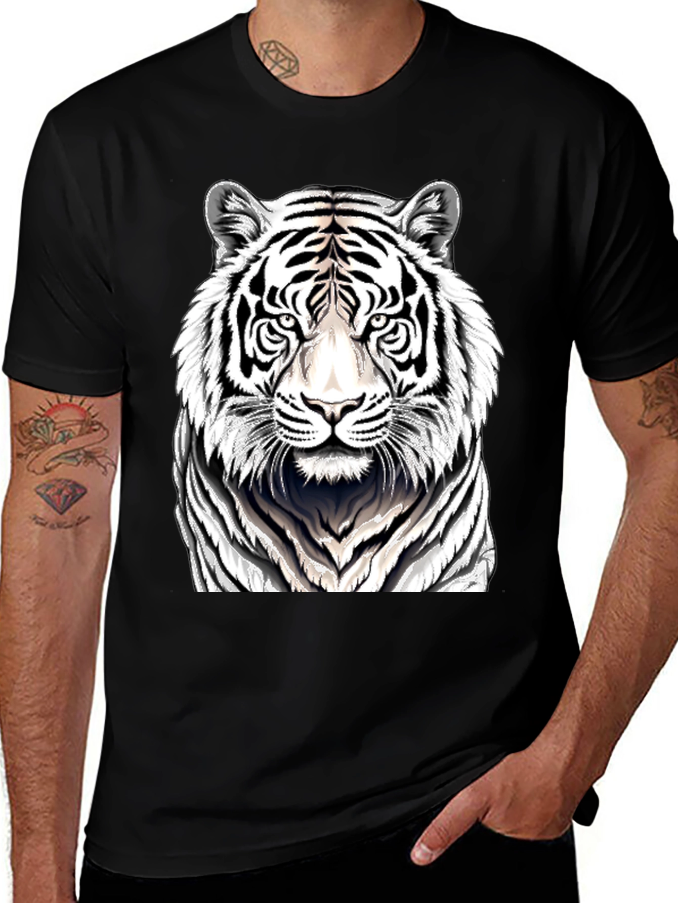 Variant 21 of White Tiger Graphic Print Black T-Shirt