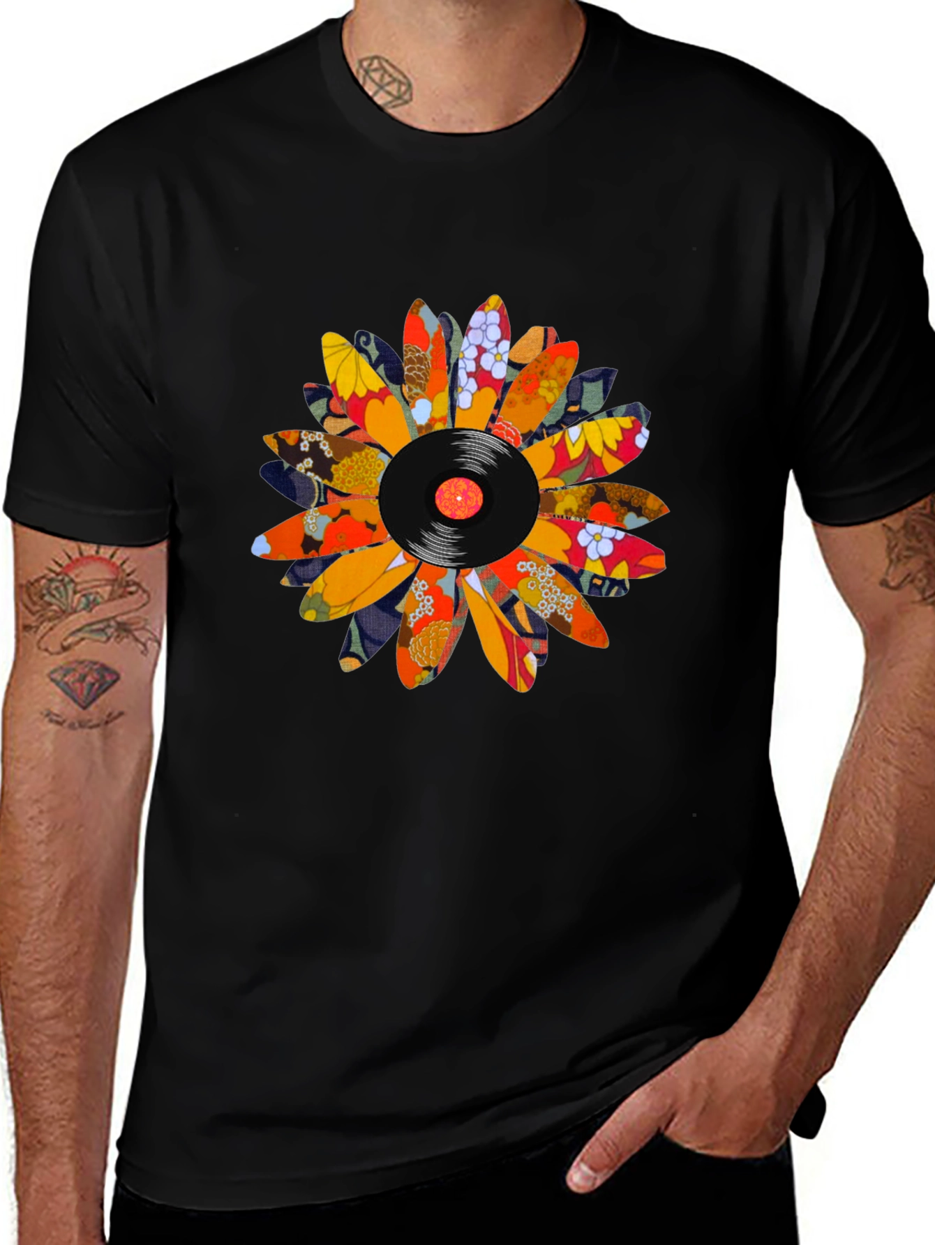 Variant 23 of Retro Vinyl Flower Graphic Tee - Black Cotton Blend