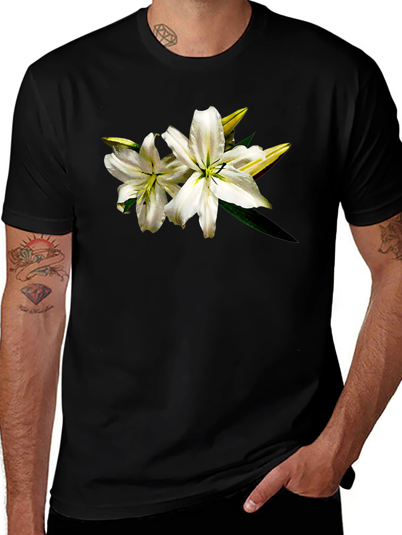 Black White Lily Graphic Tee - Black Cotton T-Shirt main image