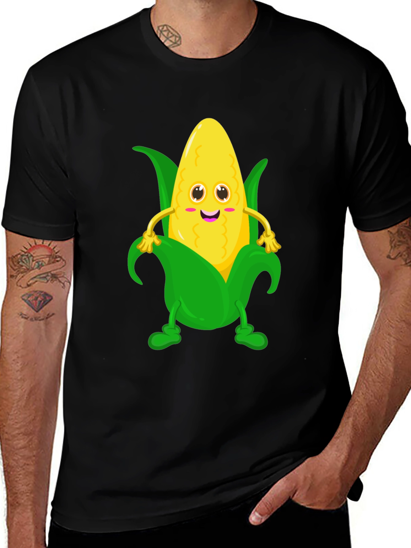 Variant 29 of Funny Corn Cartoon Graphic Tee - Black Cotton T-Shirt