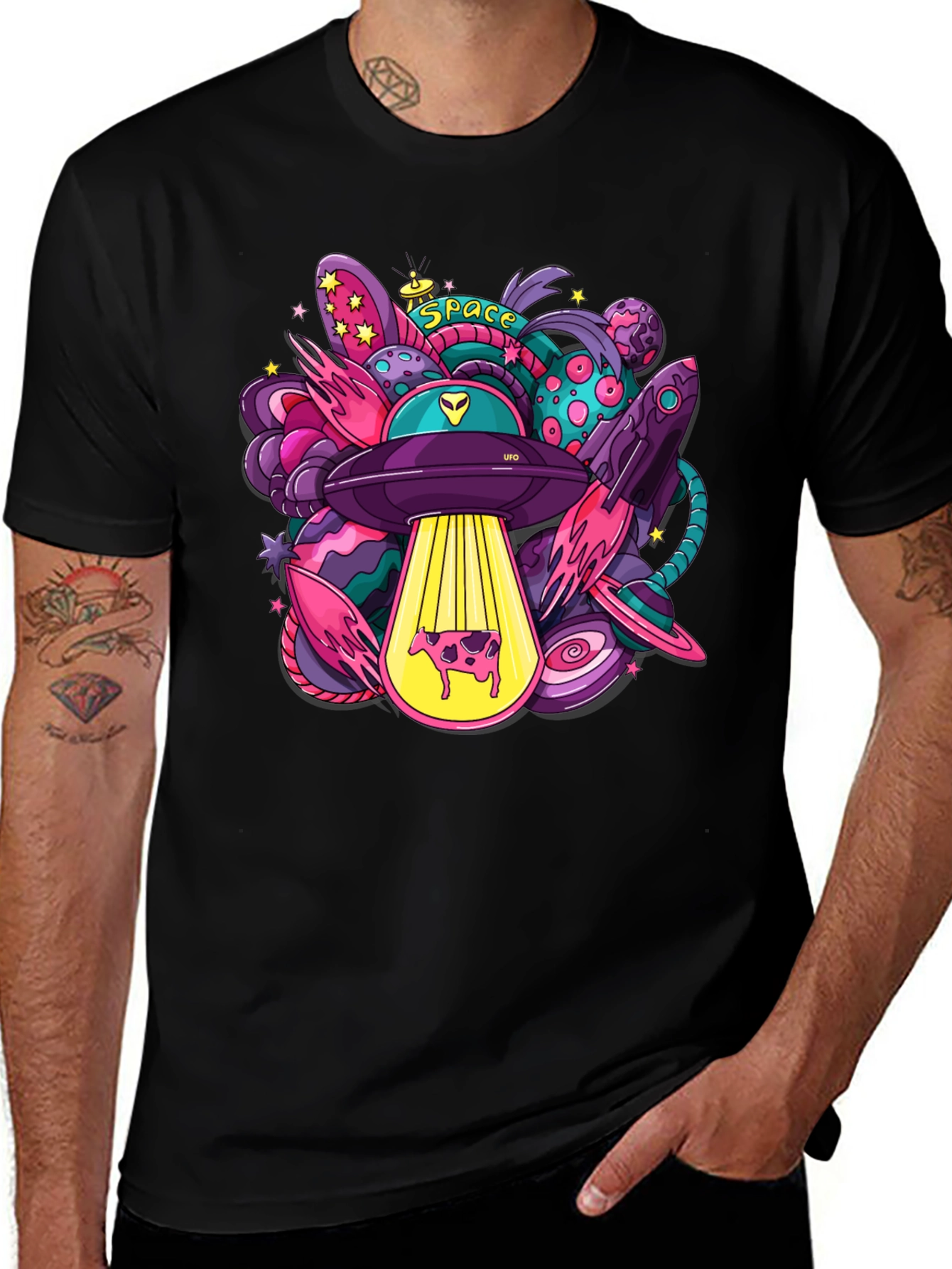 Cosmic Cow Abduction T-Shirt - Space UFO Graphic Tee