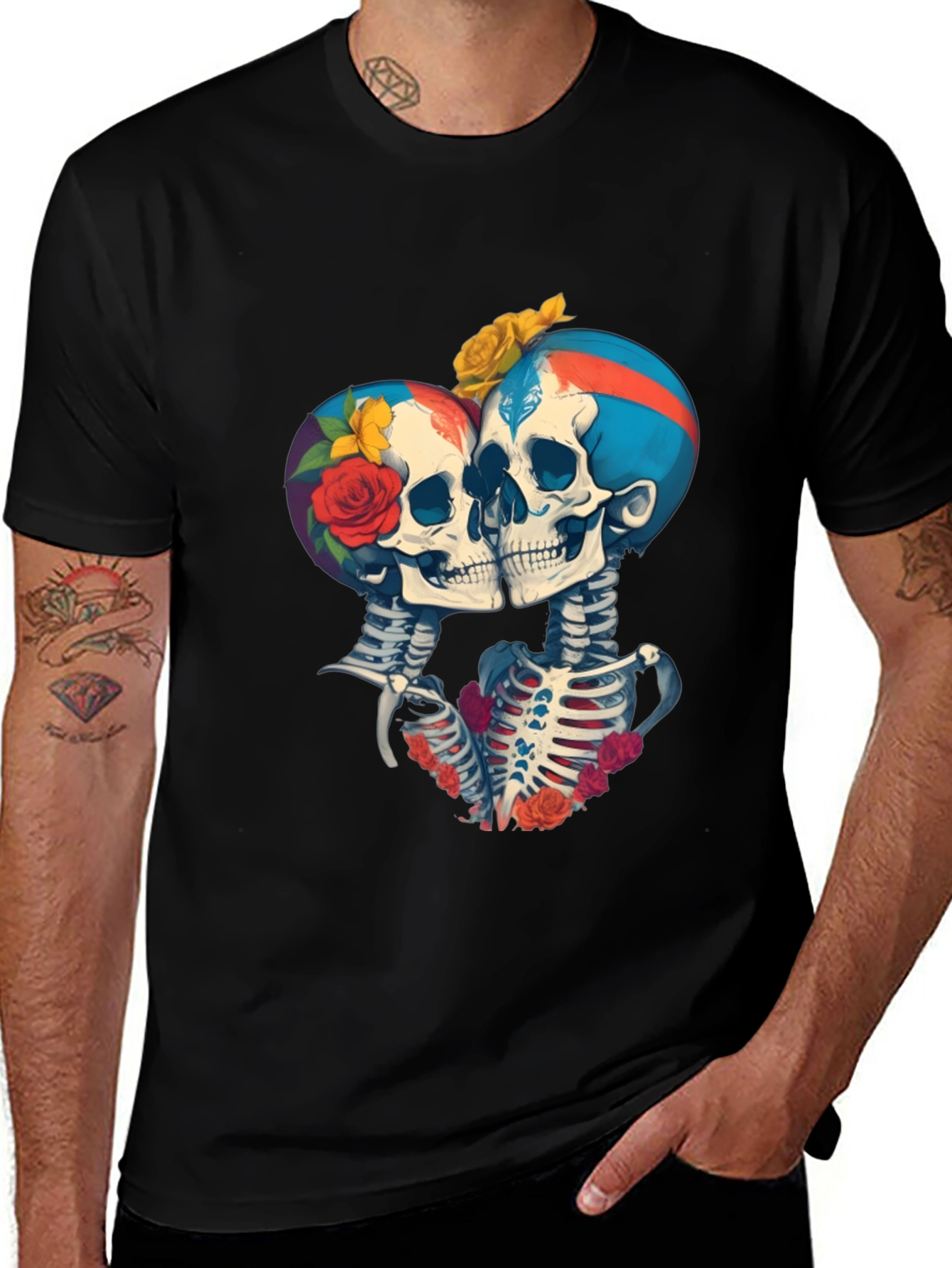 Floral Skull Couple Graphic Tee - Gothic Romance Shirt