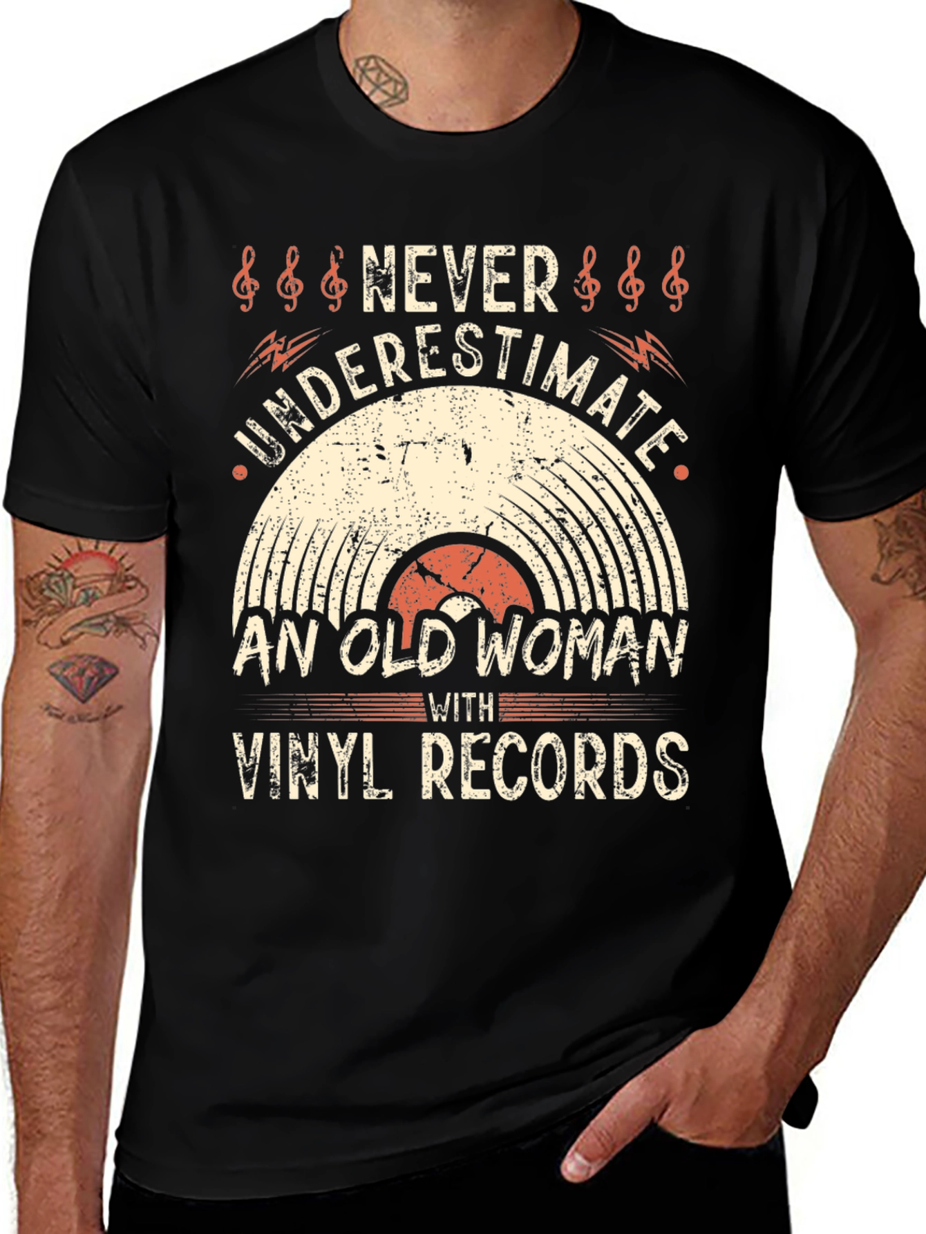 Never Underestimate Old Woman Vinyl Records T-Shirt