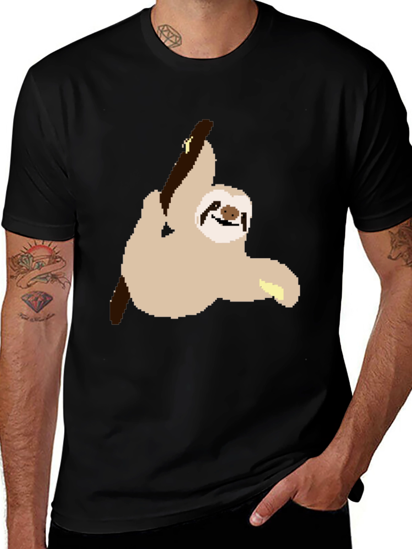 Variant 21 of Pixel Sloth on Black T-Shirt