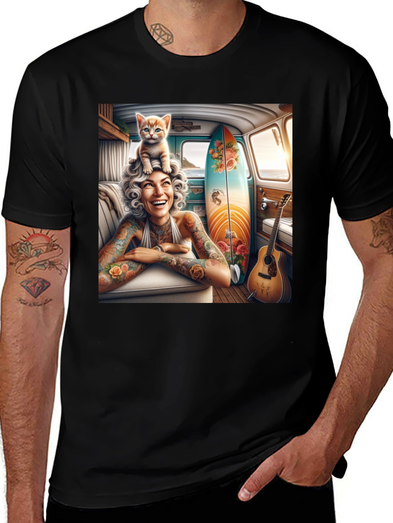 Variant 30 of Chill Vibes Tee: Woman, Cat, Surfboard Van Life