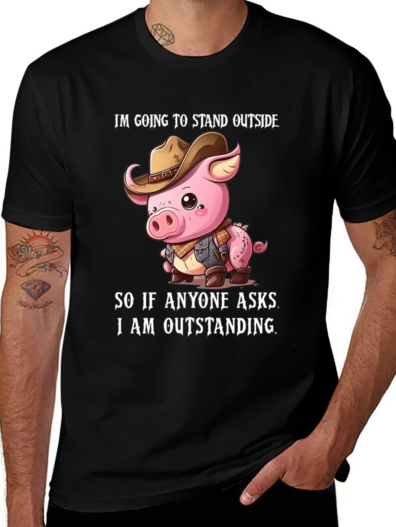 Variant 13 of Funny Pig Cowboy Graphic Tee - I'm Outstanding