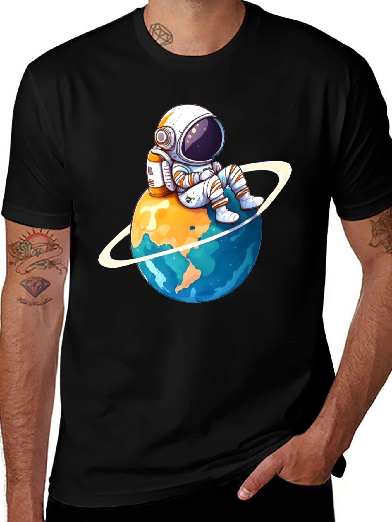 Variant 23 of Astronaut on Planet T-Shirt - Black Cotton Graphic Tee