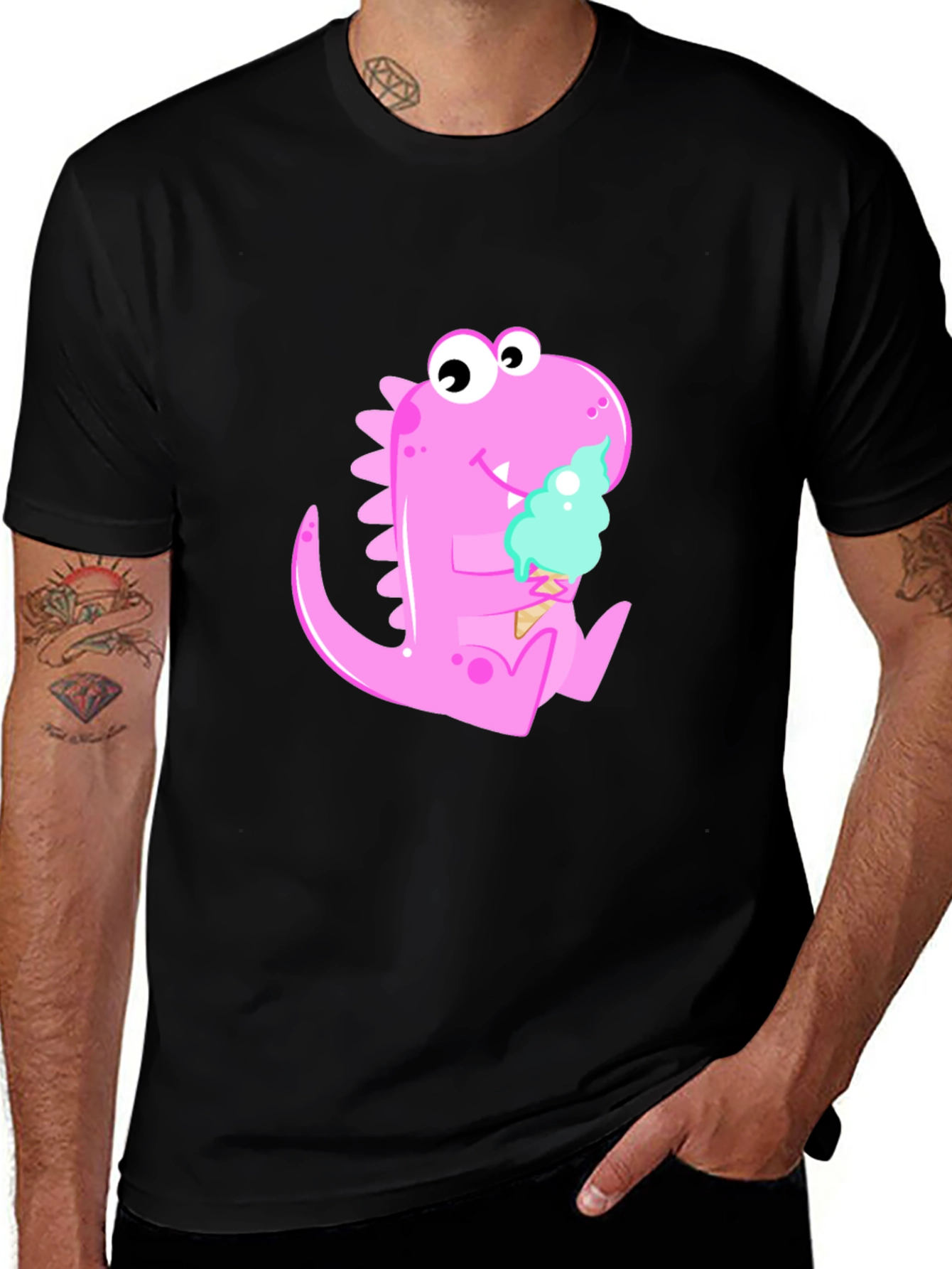 Variant 12 of Dino Ice Cream Black T-Shirt - Fun Cartoon Graphic Tee