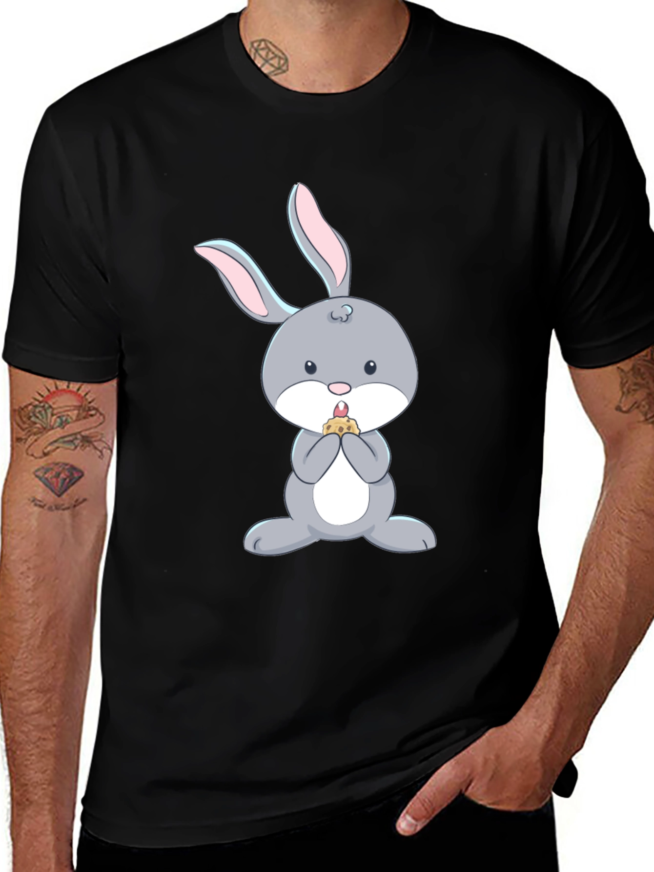 Variant 4 of Cute Bunny Eating T-Shirt - Black Cotton Tee