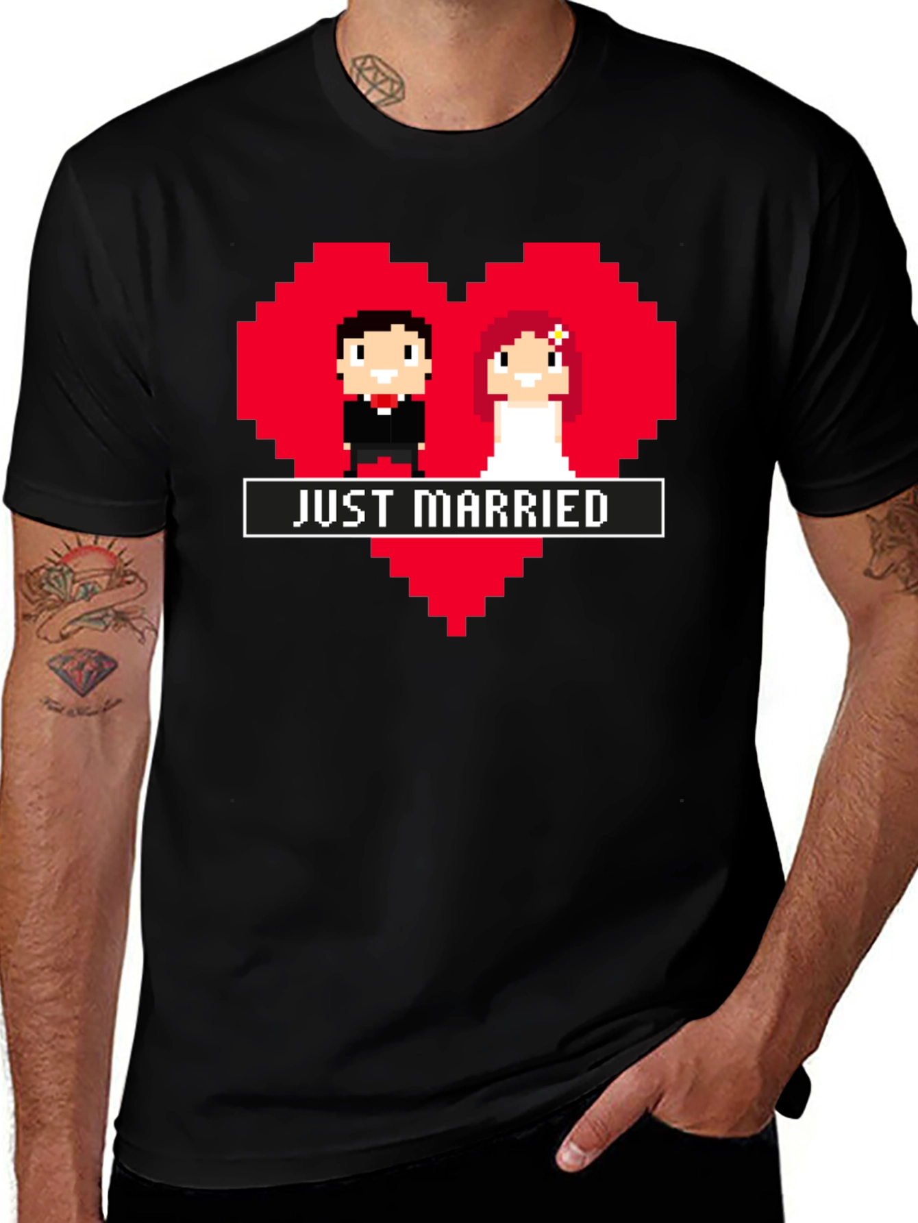 Variant 24 of Just Married Pixel Art Heart T-Shirt, Wedding Tee