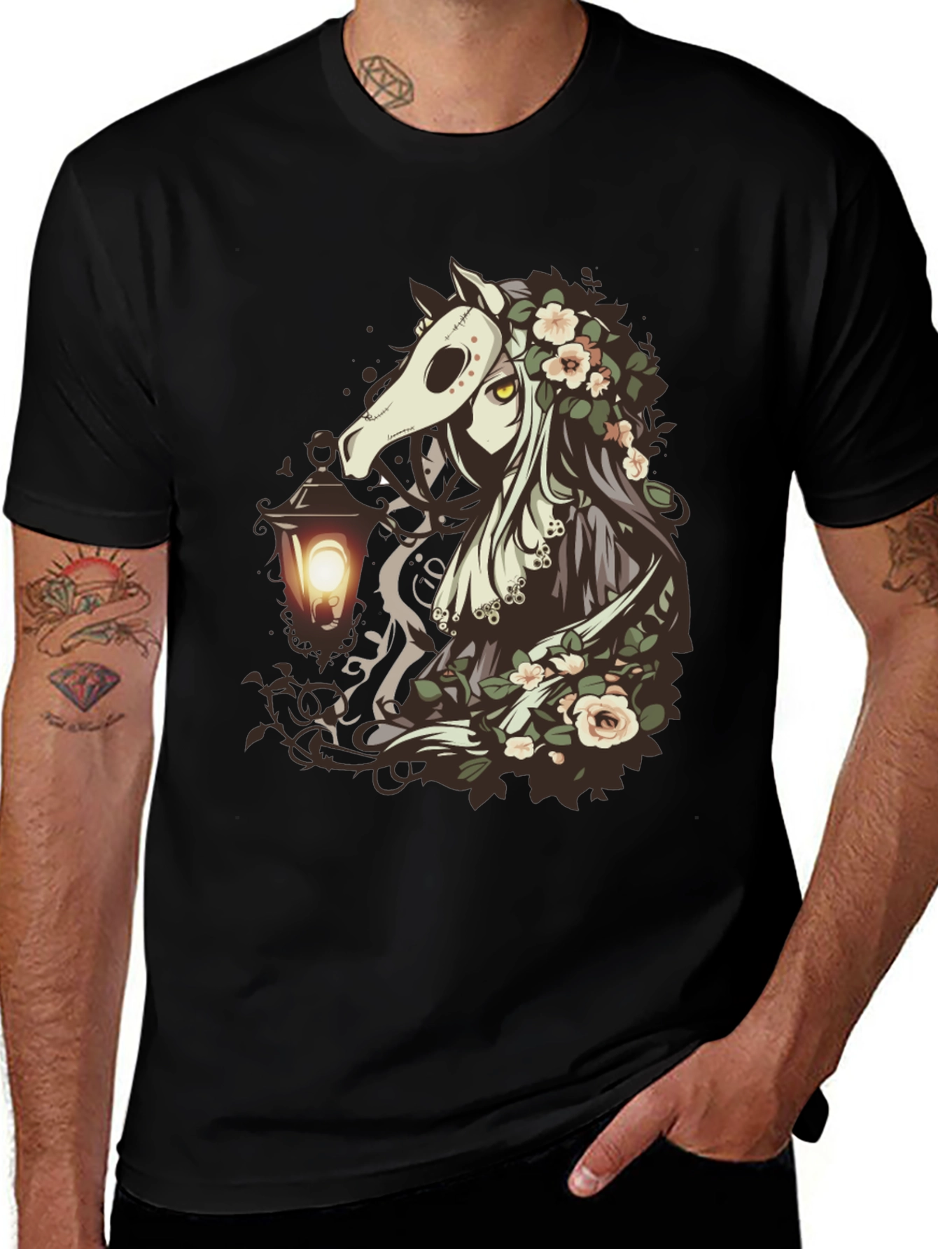 Variant 7 of Floral Horse Mask Graphic Tee - Dark Fantasy Style