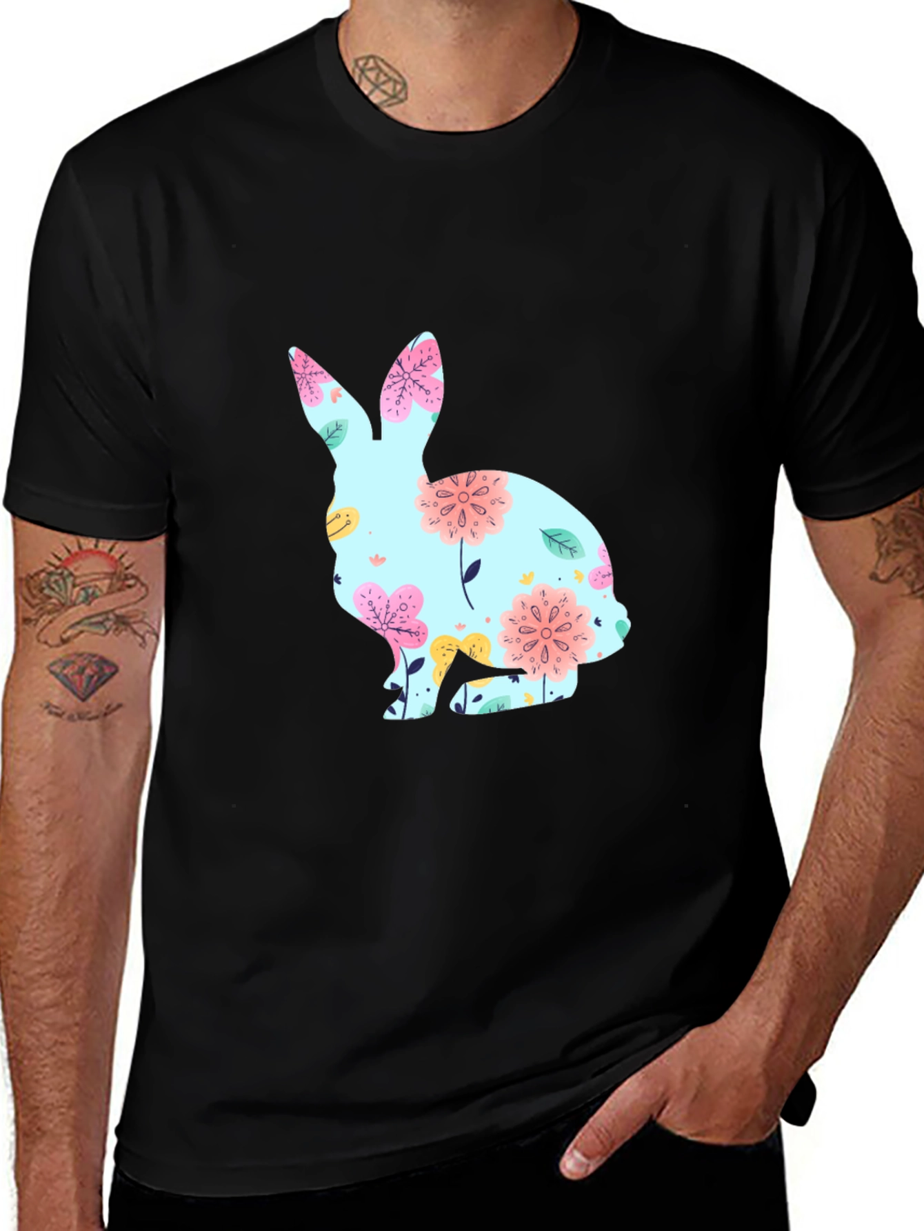 Camiseta Negra con Conejo Floral para Pascua