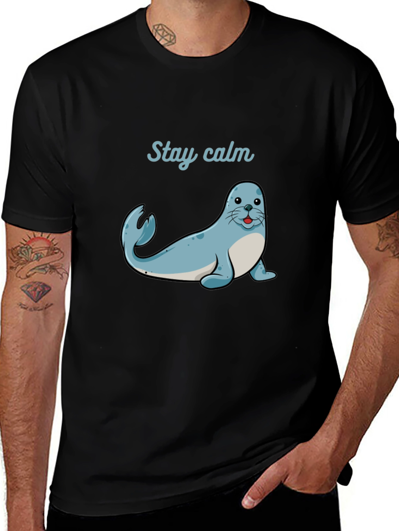 Variant 17 of Stay Calm Seal Graphic Tee - Black Cotton T-Shirt