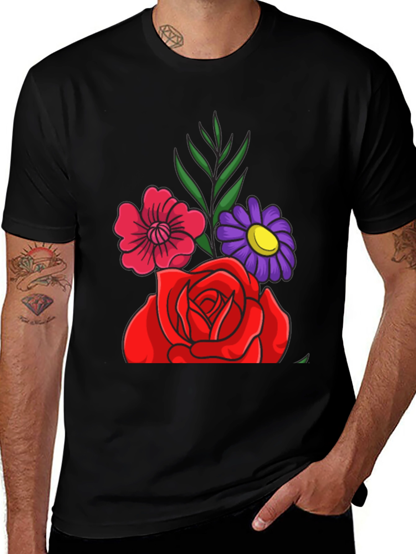 Variant 2 of Floral Graphic Tee - Red Rose & Daisy Design