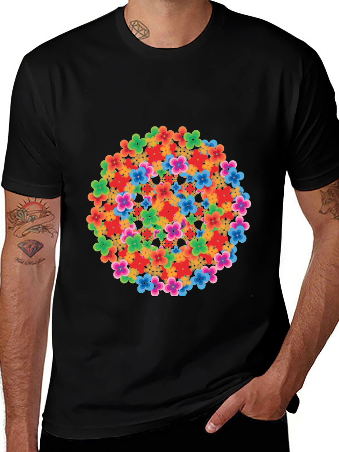 Variant 7 of Floral Mandala T-Shirt - Black Cotton Tee