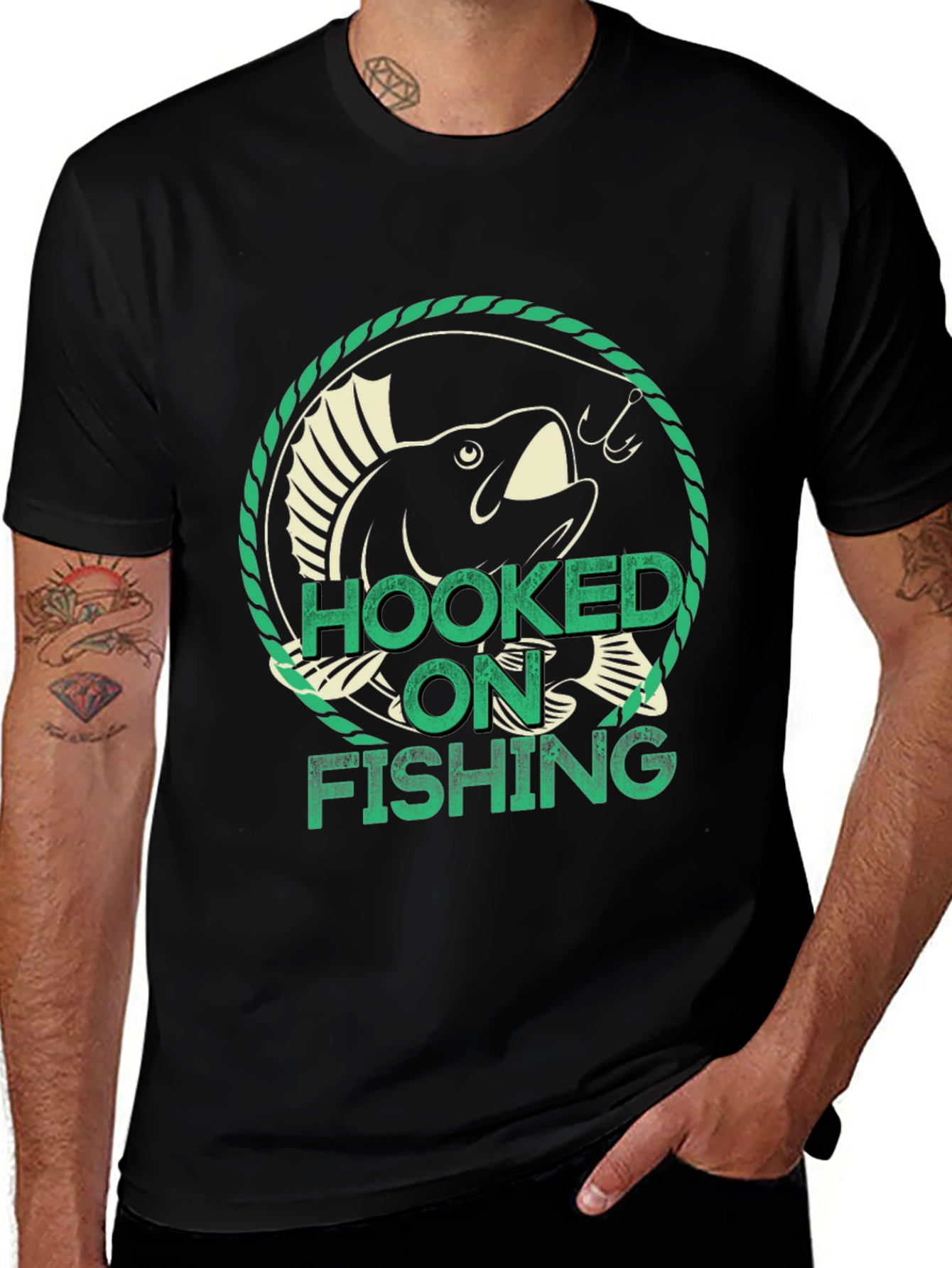Variant 19 of Hooked on Fishing Graphic T-Shirt - Mens Black Tee