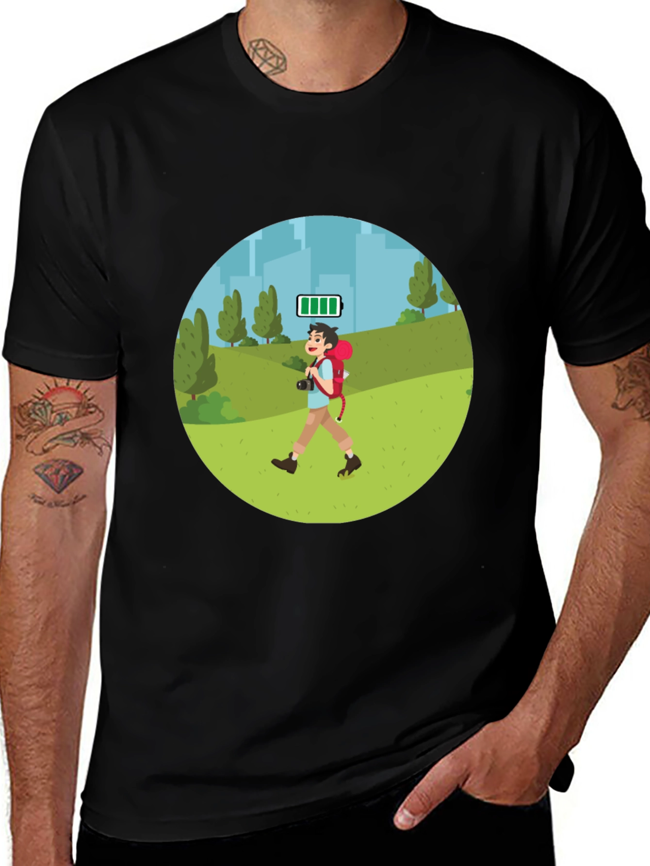 Variant 18 of Hiker Battery Full T-Shirt, Outdoorsy Fun, Black Cotton Tee