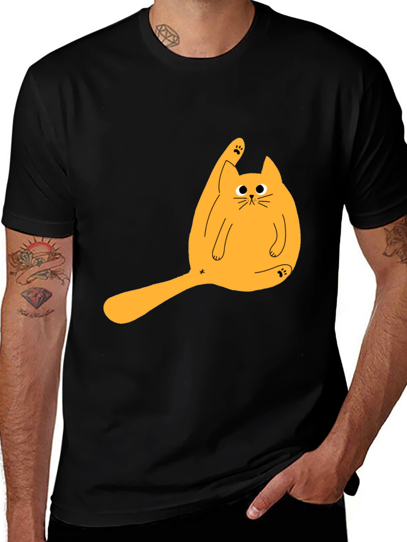 Variant 24 of Funny Cat Licking Paw Graphic Tee - Black T-Shirt