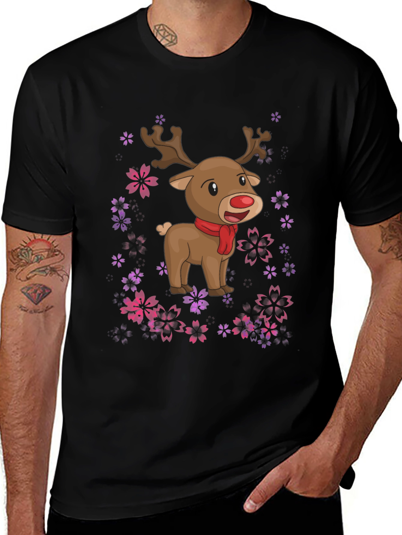 Variant 14 of Reindeer & Floral Black T-Shirt