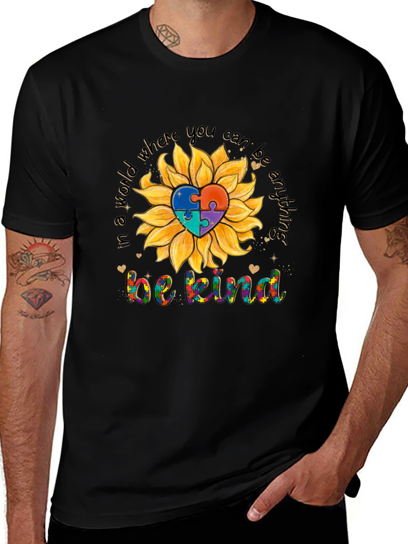 Be Kind Autism Awareness Sunflower Puzzle Heart T-Shirt