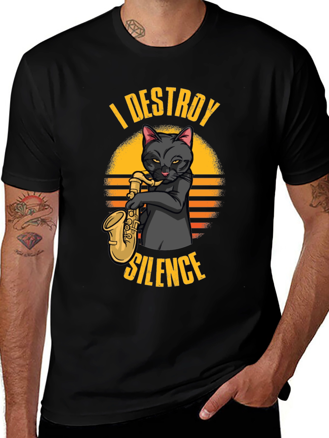 Variant 17 of I Destroy Silence Cat Saxophone Graphic Tee