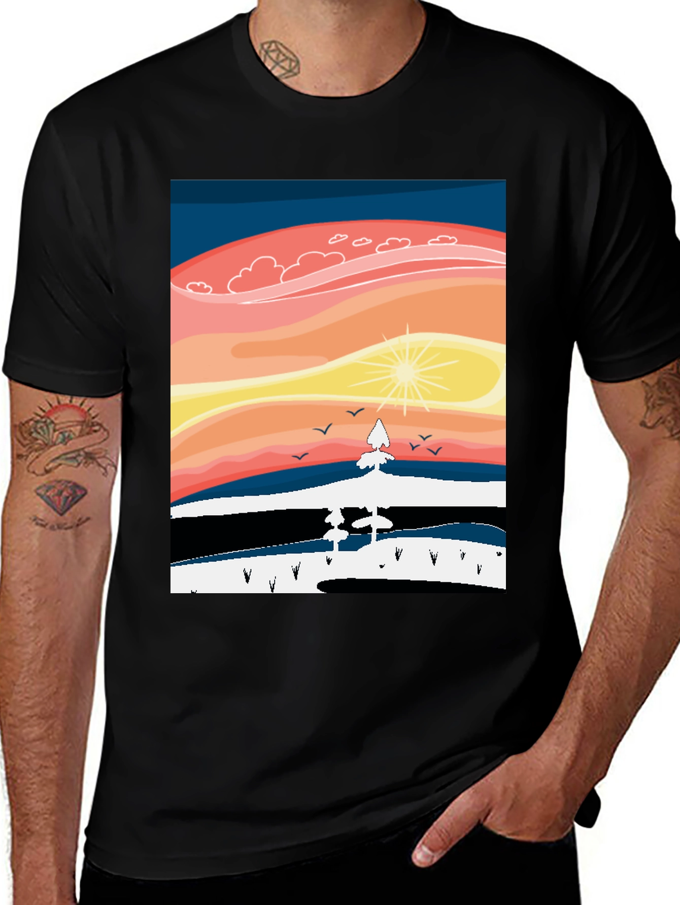 Variant 17 of Sunset Landscape Graphic Tee - Soft Black Cotton