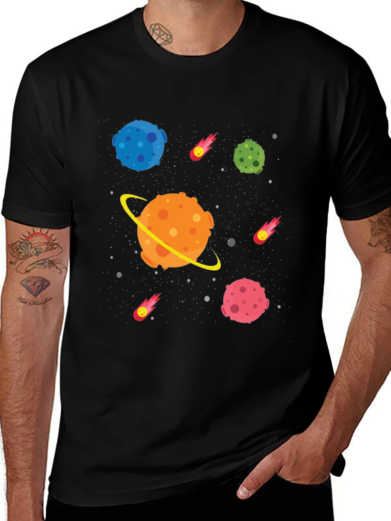 Variant 26 of Space Planet Cartoon Graphic Black T-Shirt