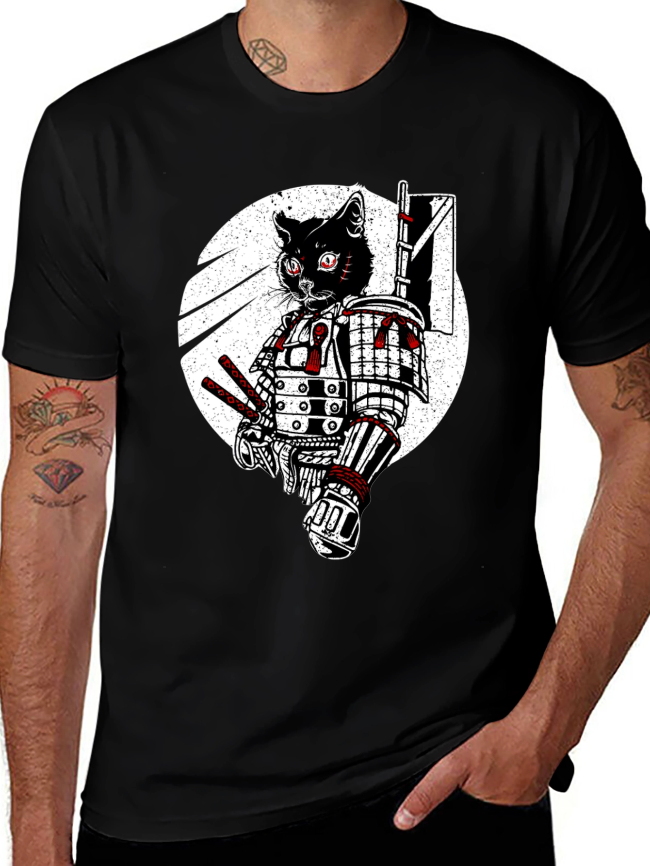 Variant 14 of Samurai Cat Graphic Tee - Black Cotton T-Shirt