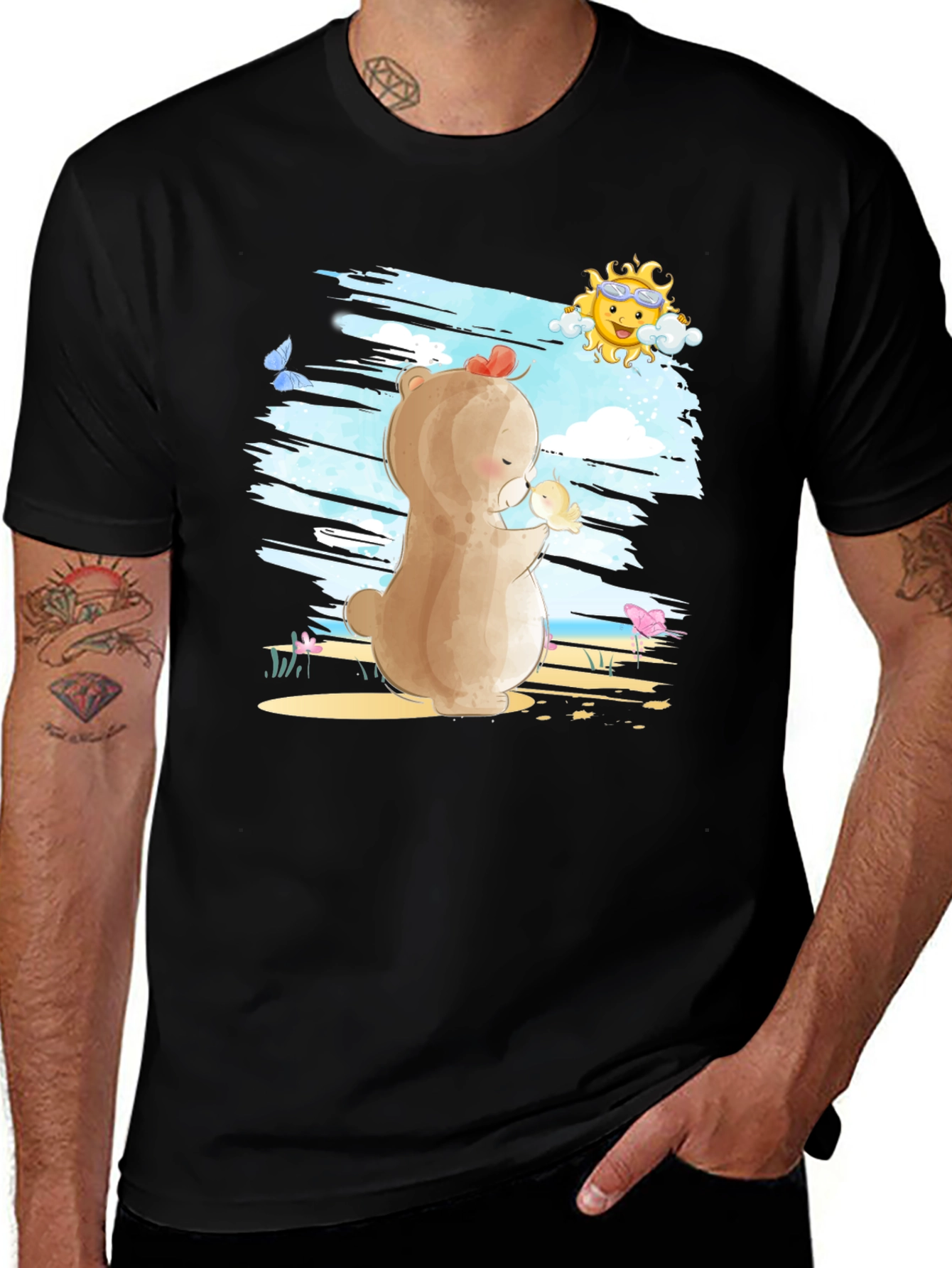 Variant 28 of Cute Bear & Chick Graphic Black T-Shirt