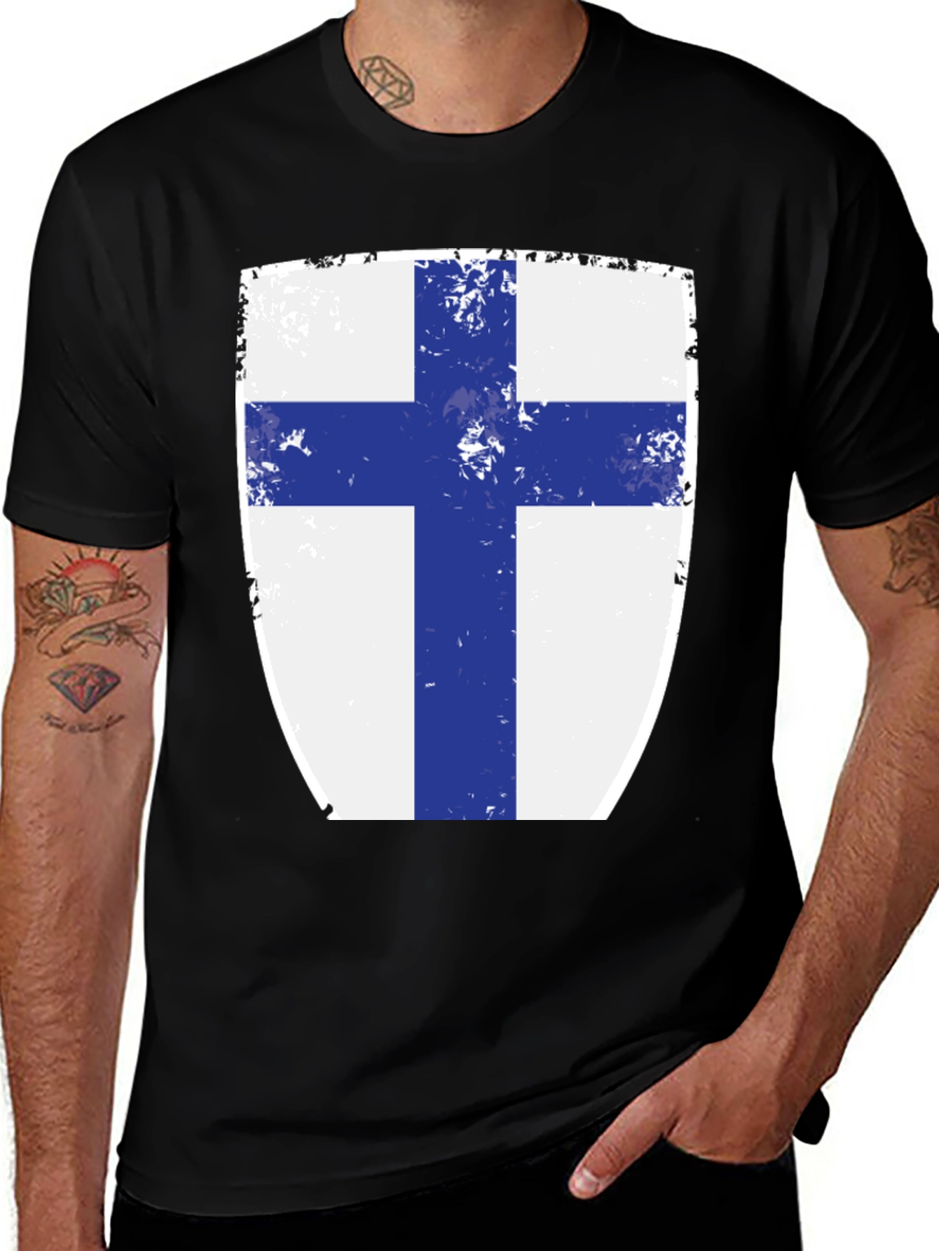 Finnish Flag Shield T-Shirt - Distressed Design