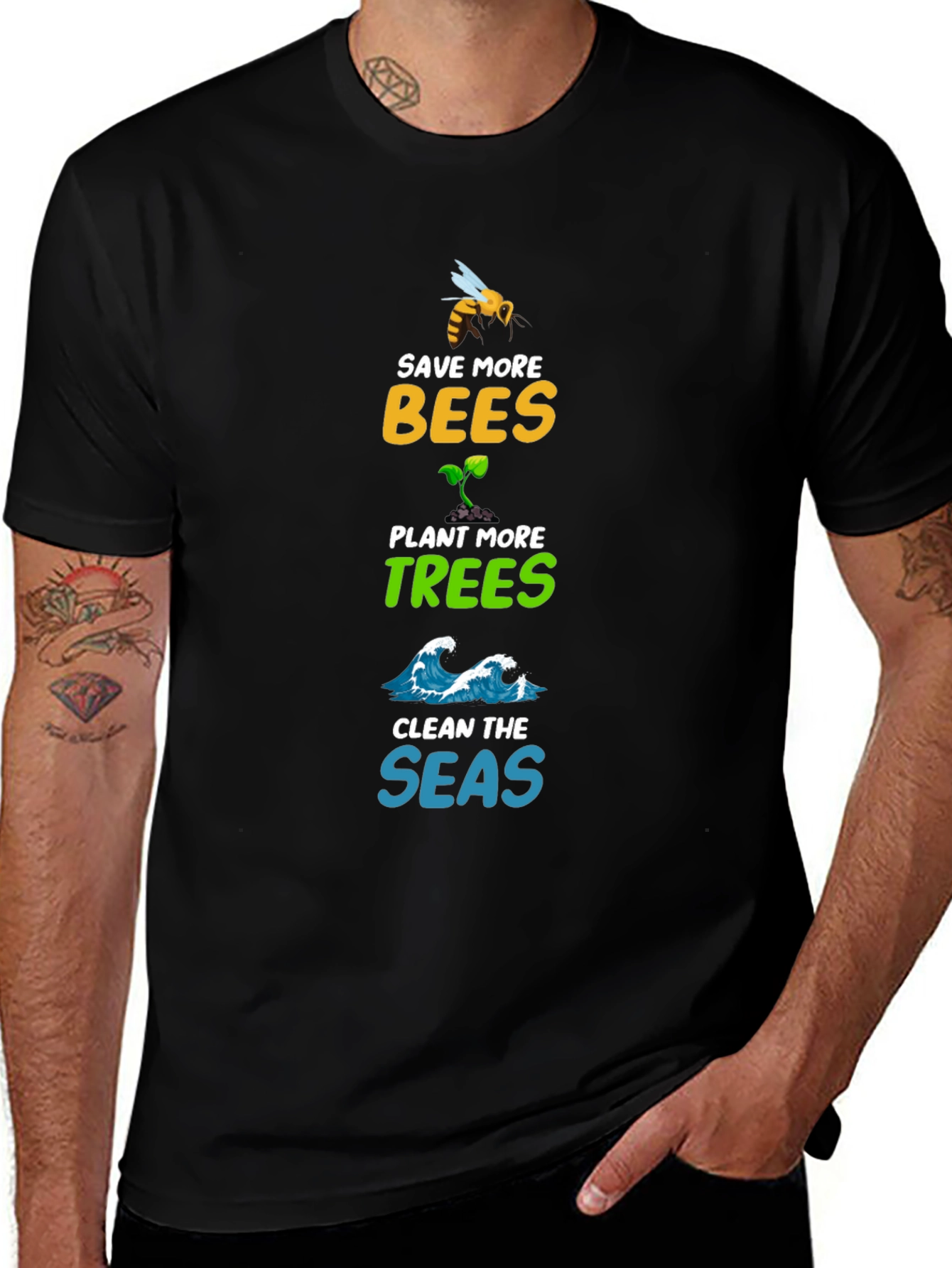 Variant 3 of Save Bees Plant Trees Clean Seas Graphic Tee