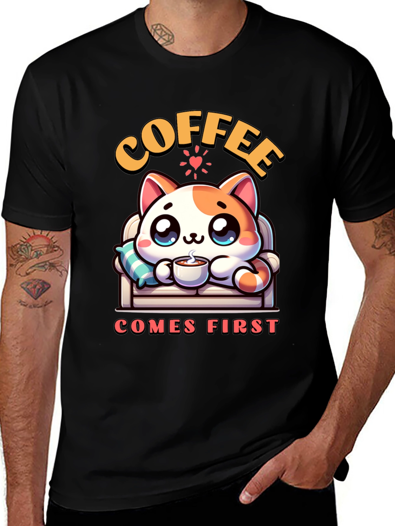 Coffee First Cat Graphic Tee - Cute & Cozy