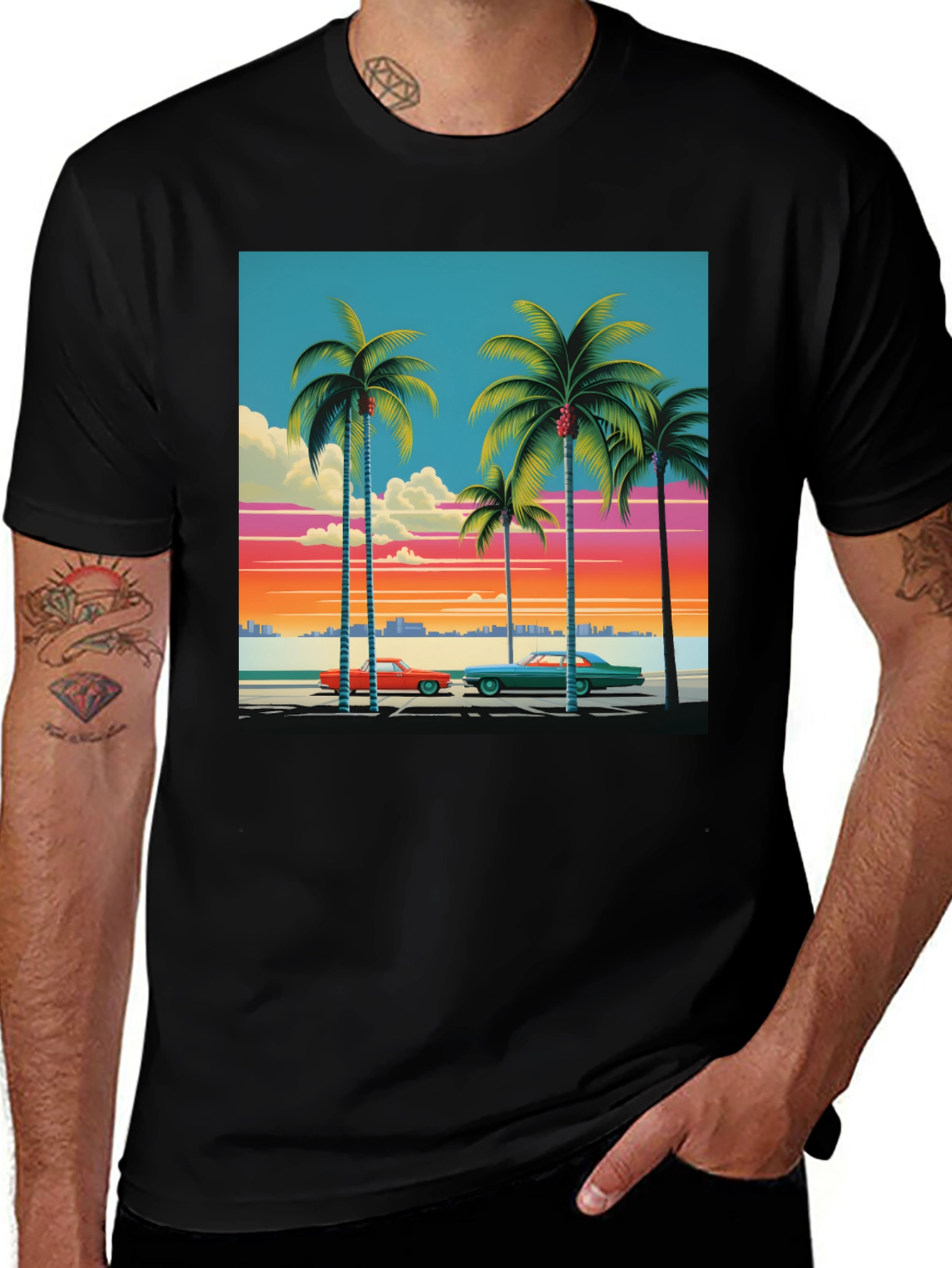 Black Retro Miami Beach Palm Tree T-Shirt main image